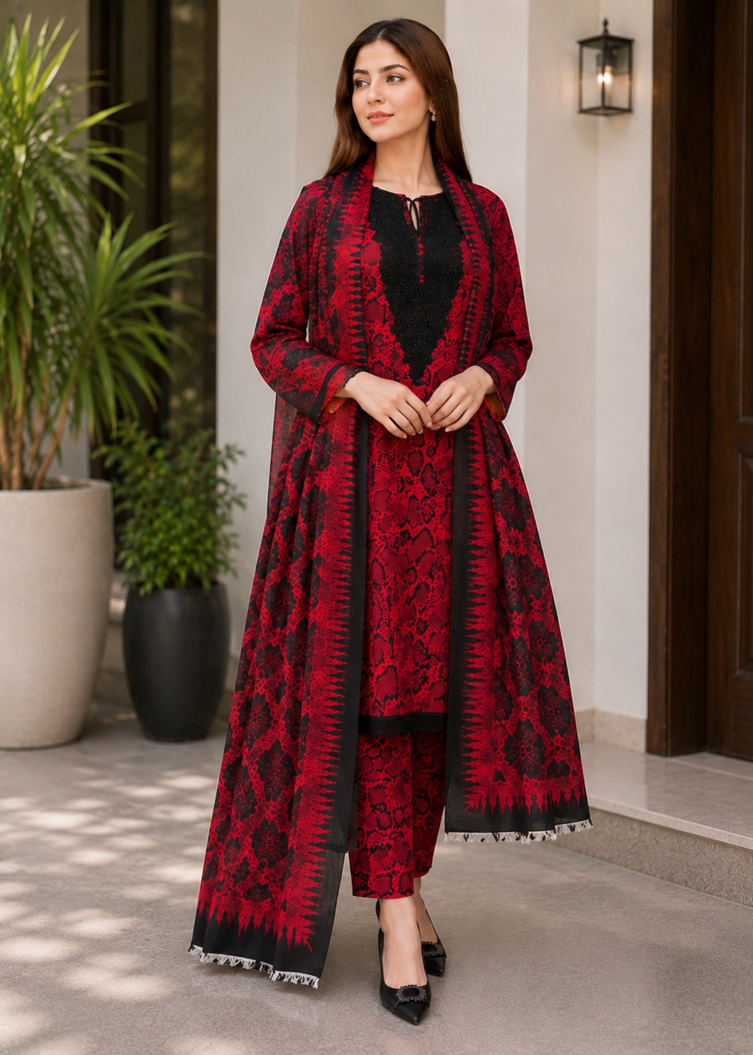 lawn Kurta Set in Venetian red, taupe black