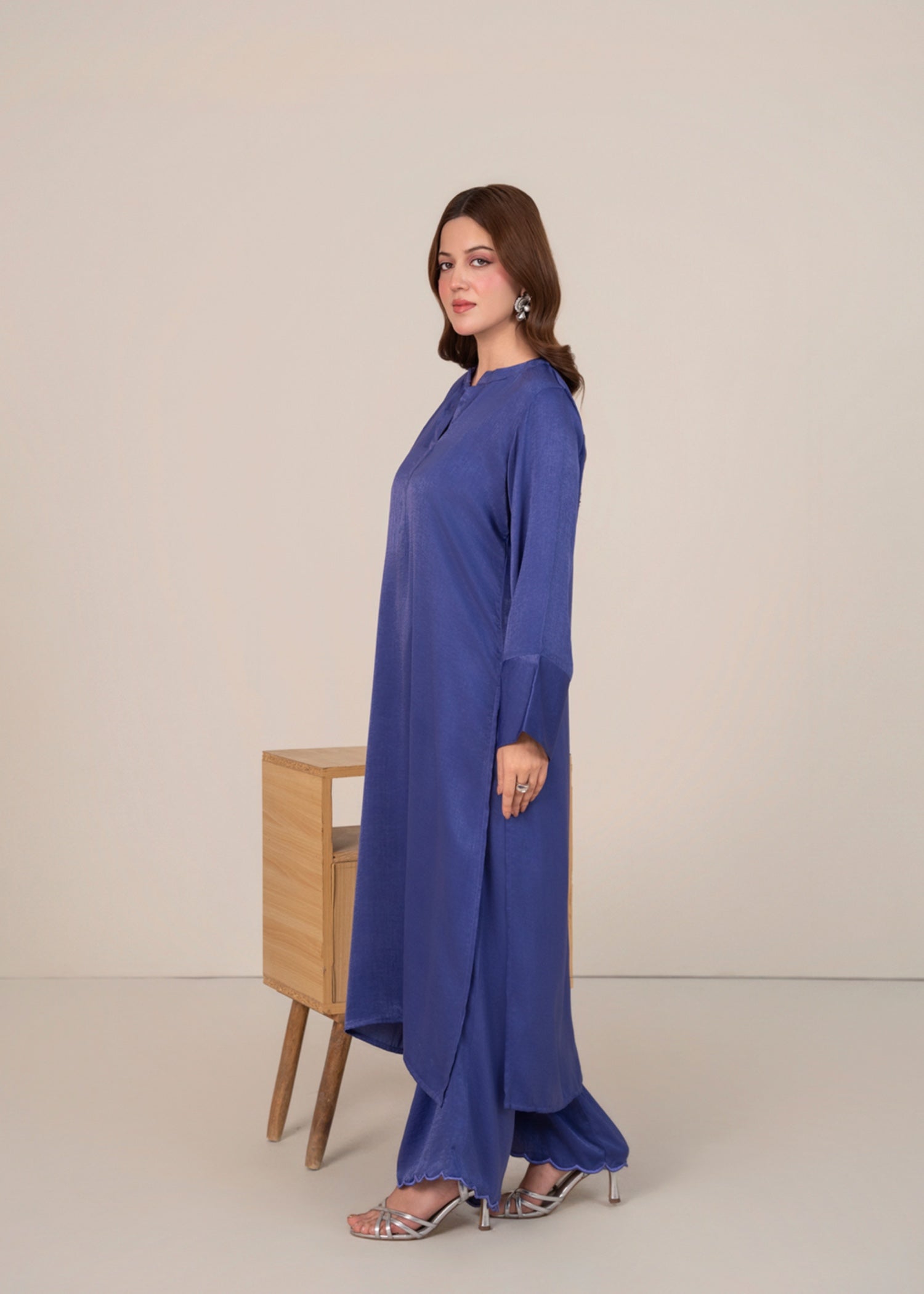silk satin velvet Kurta Set in Iris