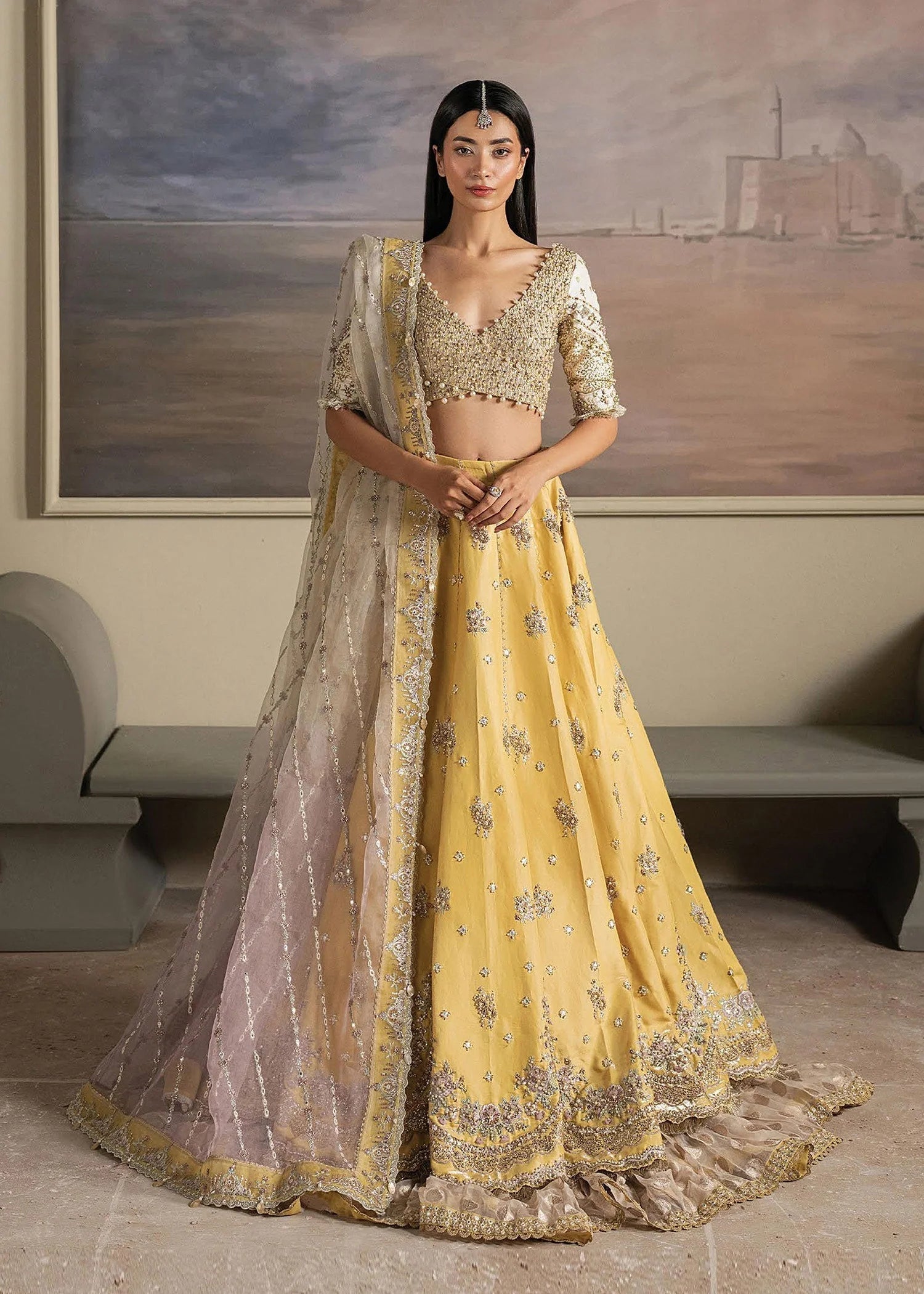 organza Lehenga in Light yellow