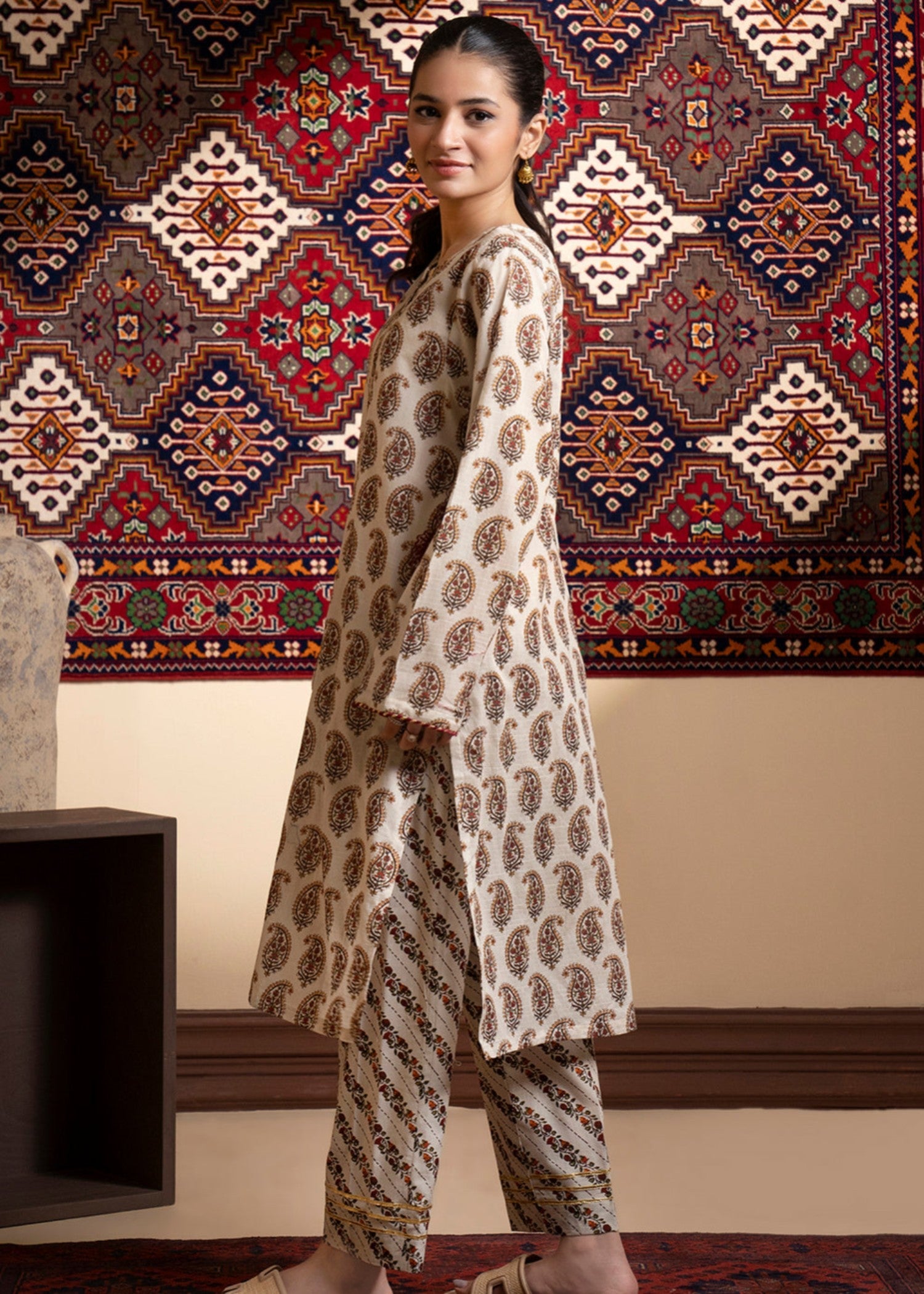 textured lawn Kurta Set in Beige