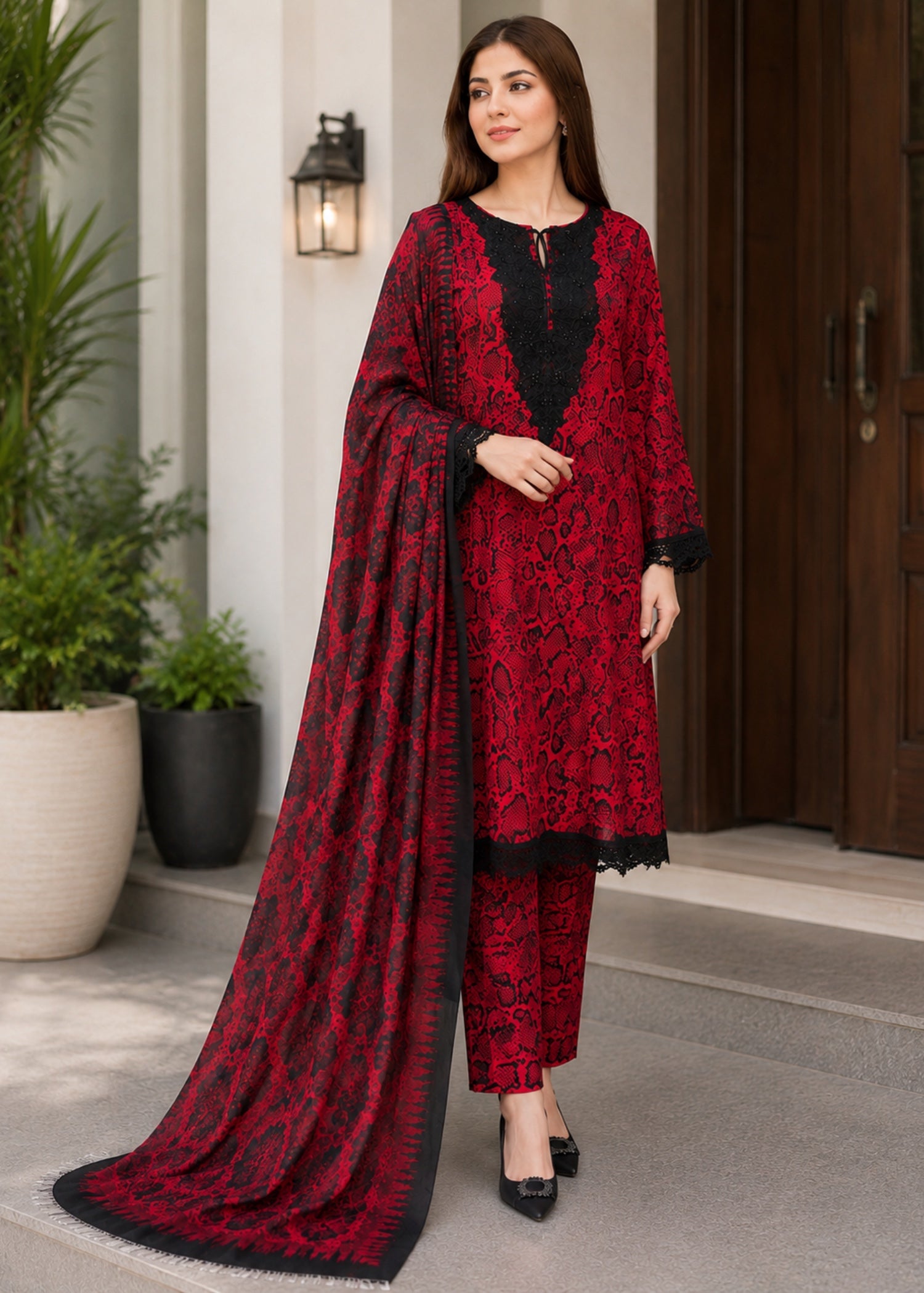lawn Kurta Set in Venetian red, taupe black