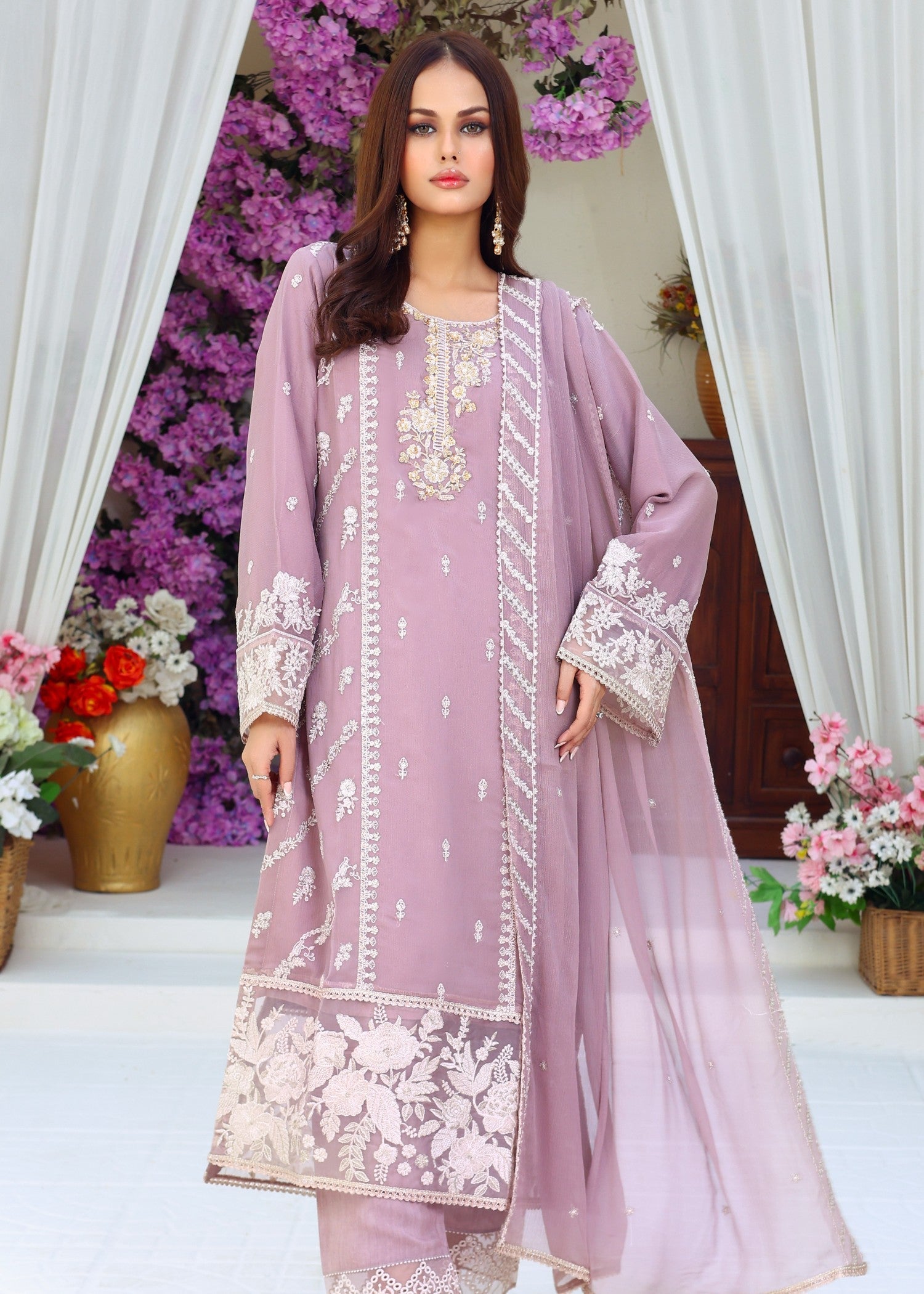 bemberg crinkle chiffon Kurta Set in Lilac