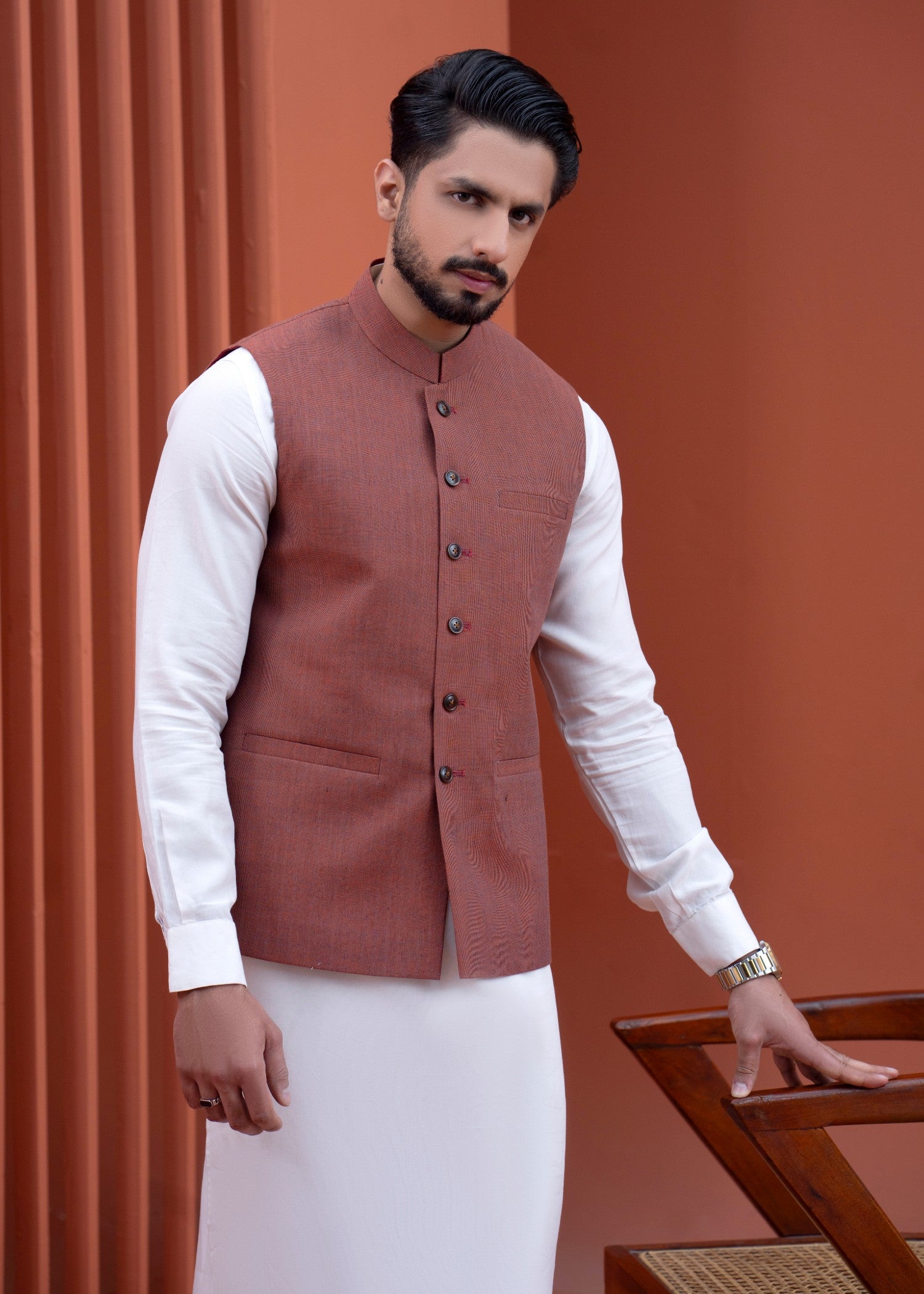 fine khaddar Waistcoat in Copper red