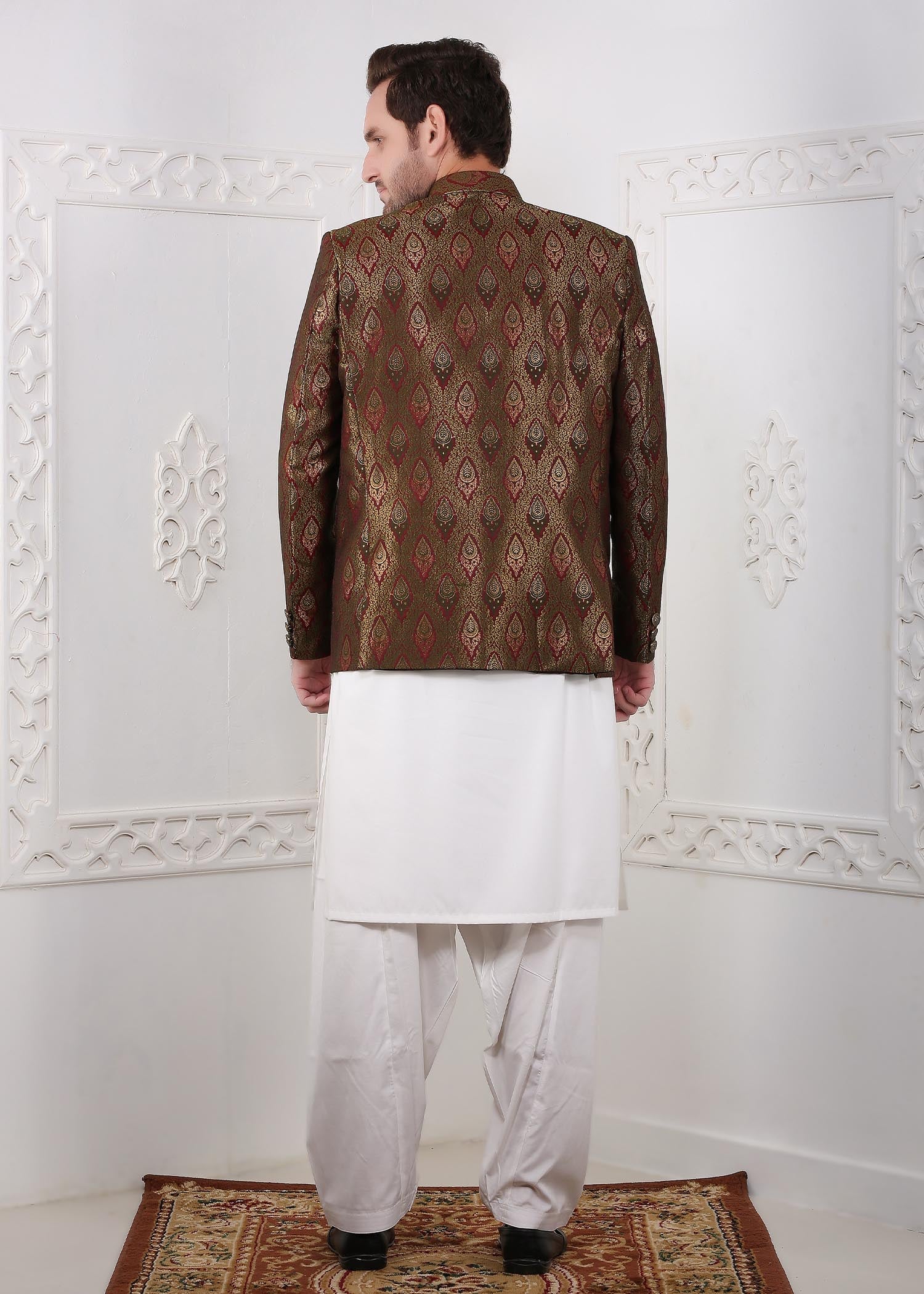 banarsi silk Prince Coat in Olive green