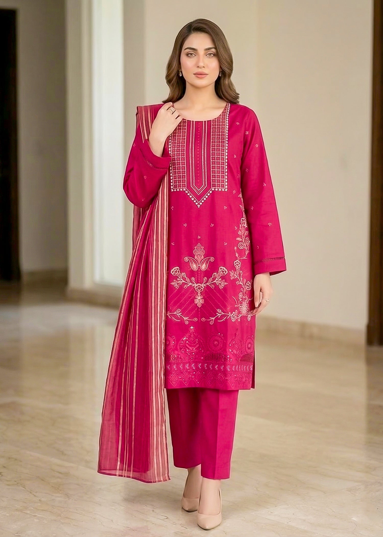 lawn Kurta Set in Shocking pink