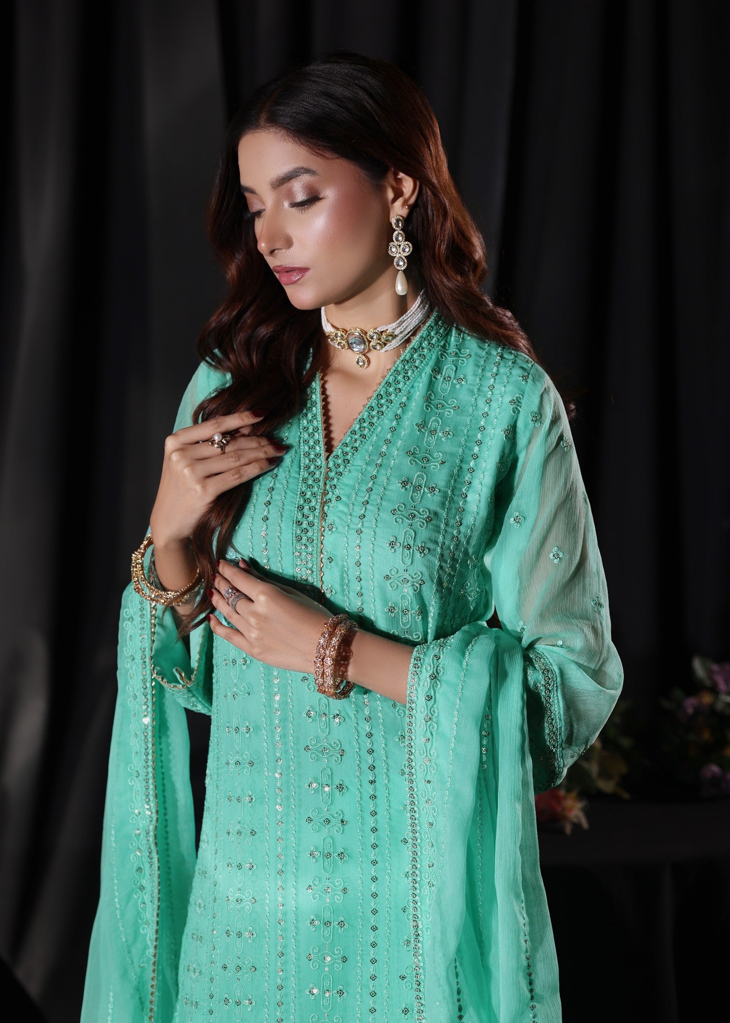 chiffon Kurta Set in Aquamarine