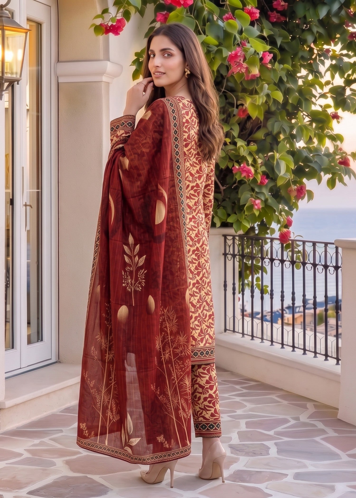lawn Unstitched in Dark coral, sangria, macaroni and cheese