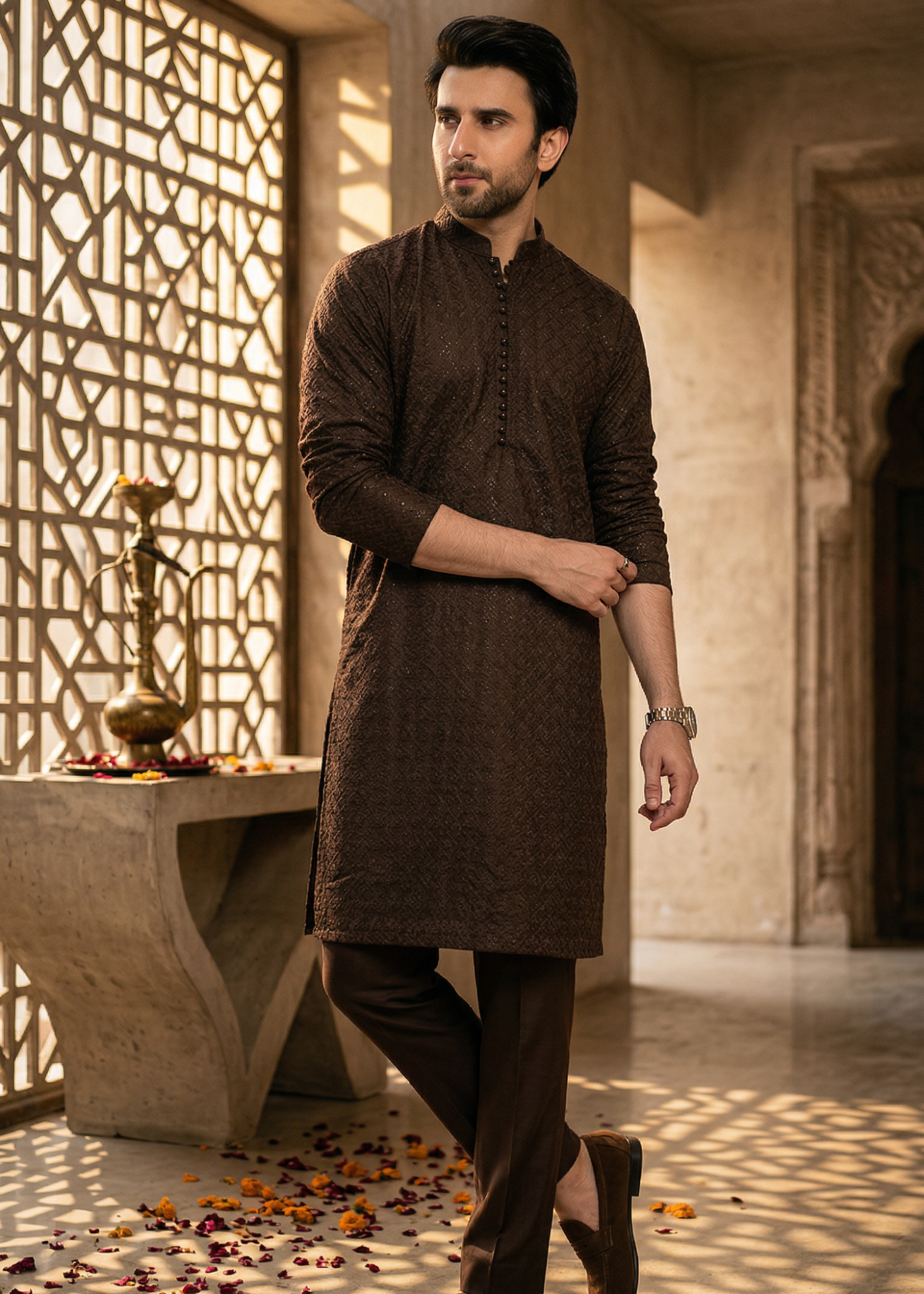 chikankari cotton Kurta Set in Chocolate brown by Decuir