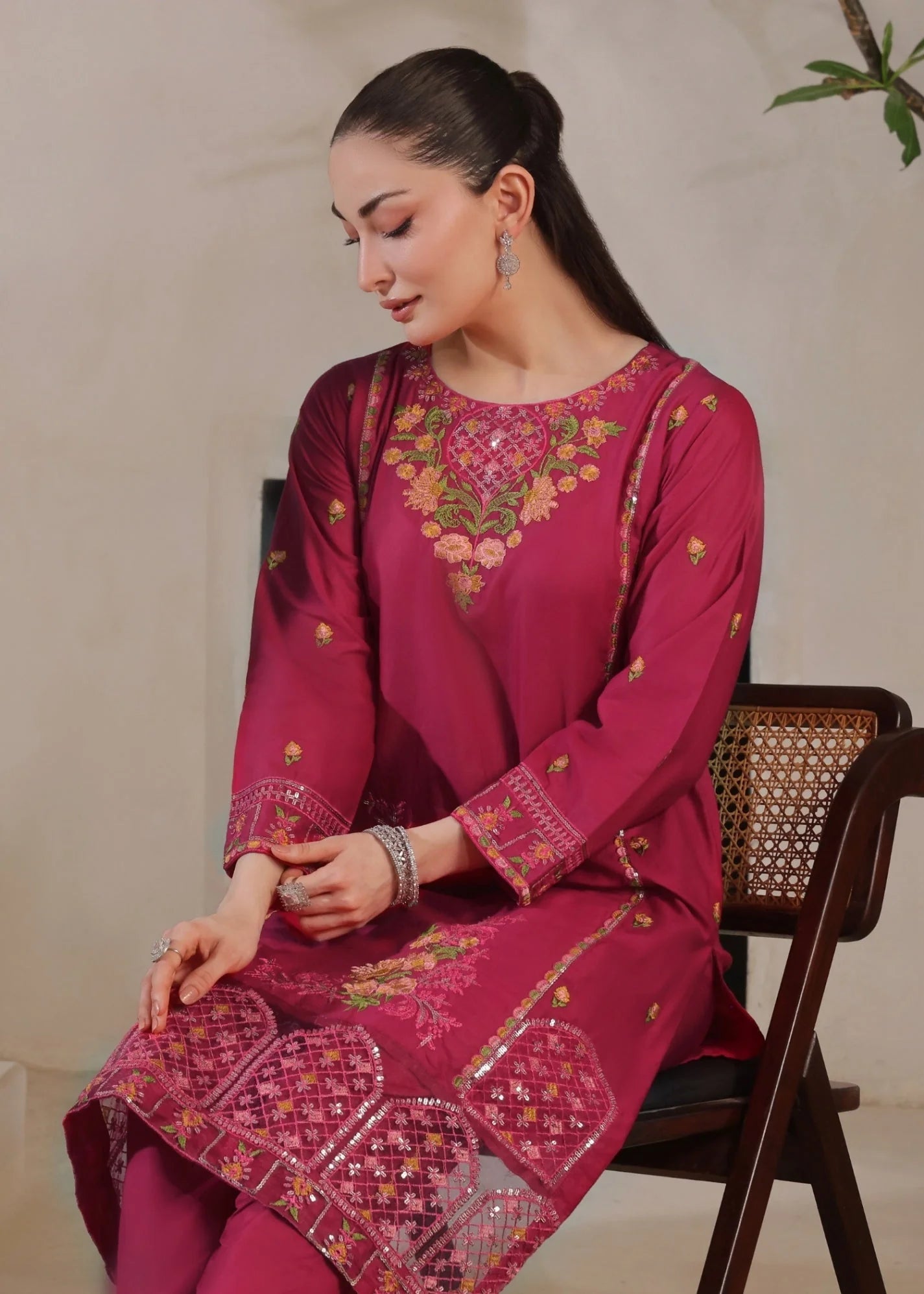 lawn cotton Kurta Set in Magenta