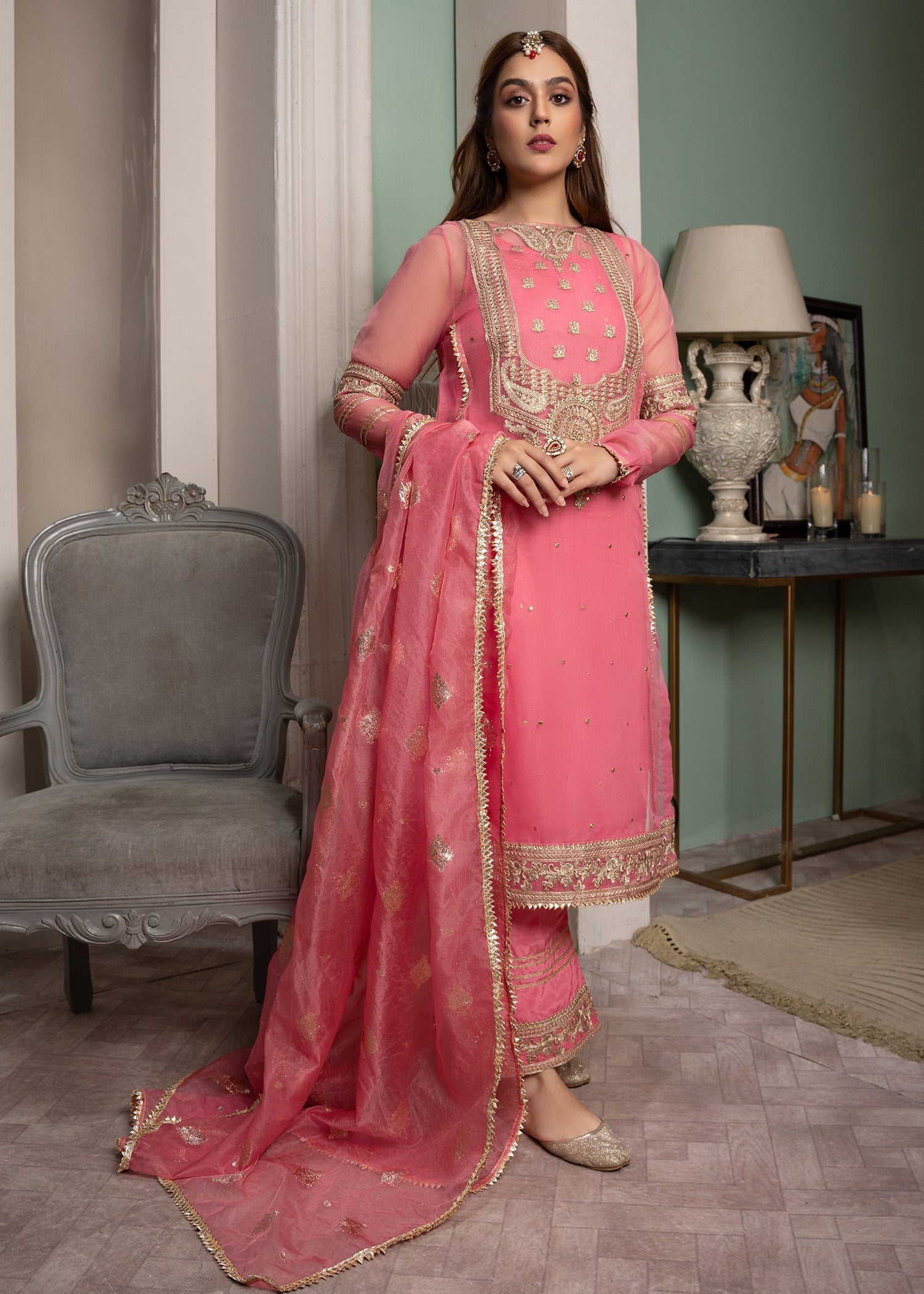 organza Kurta Set in Pink