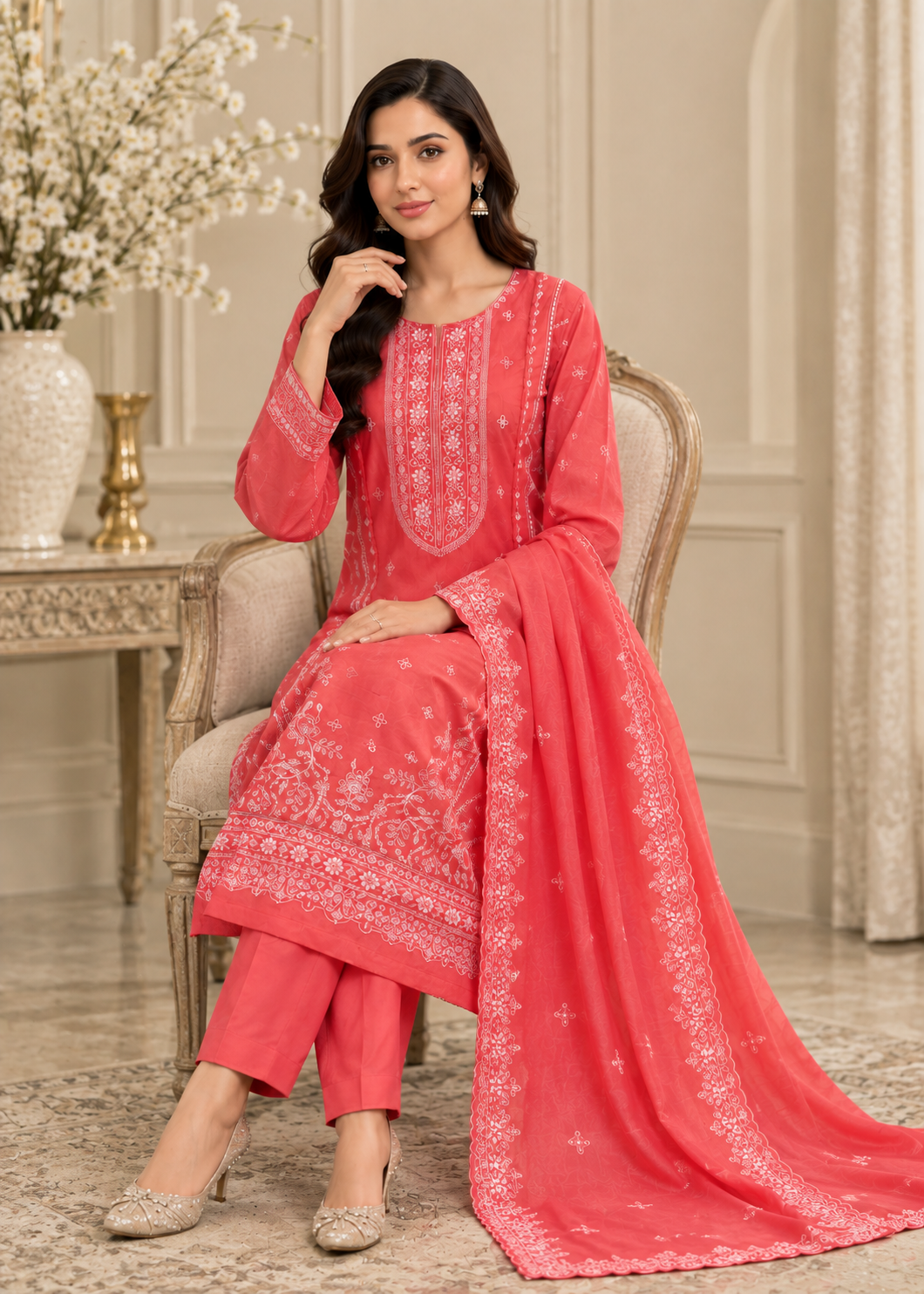 lawn cotton Kurta Set in Coral pink