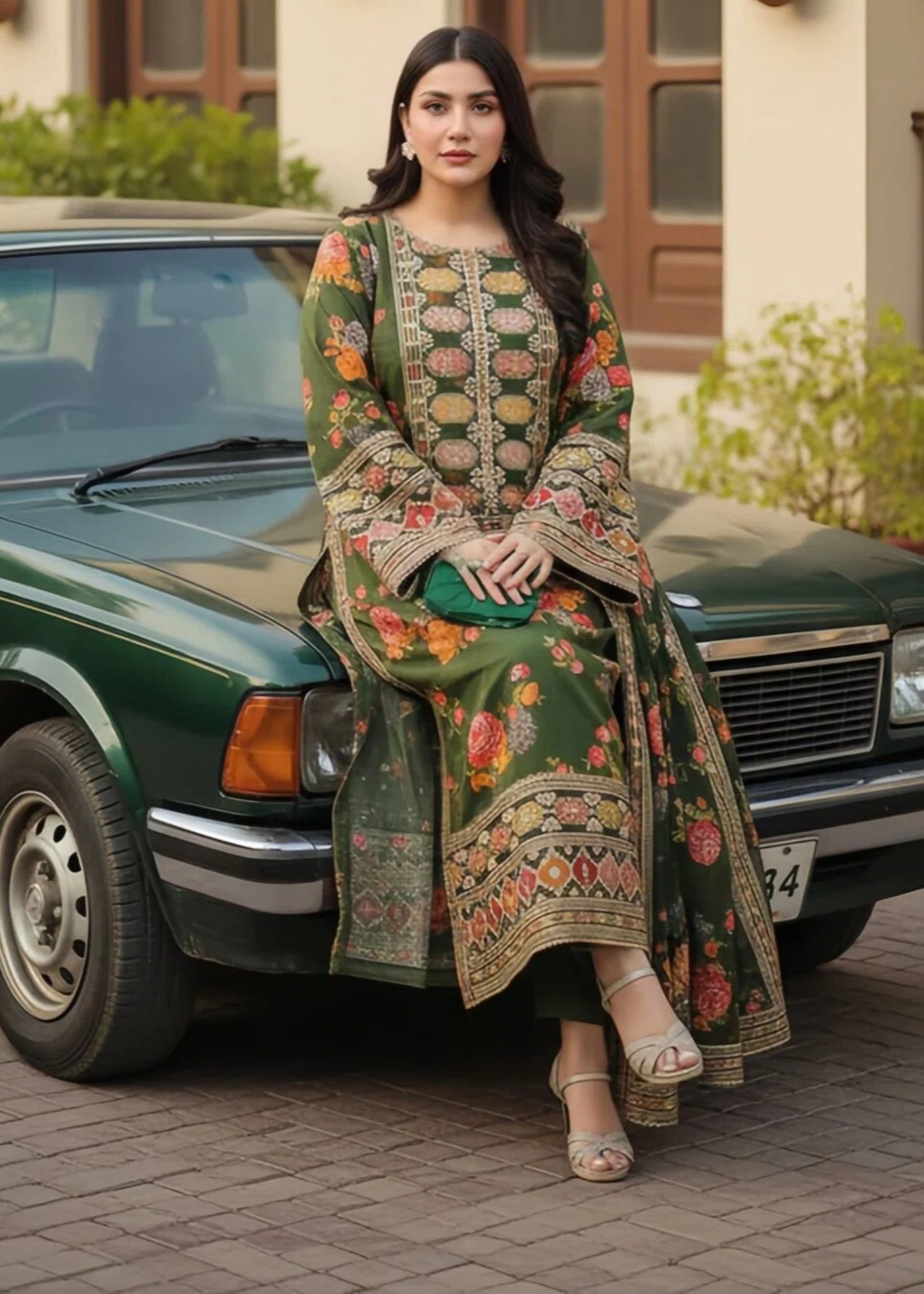 silk charmeuse Kurta Set in Forest green