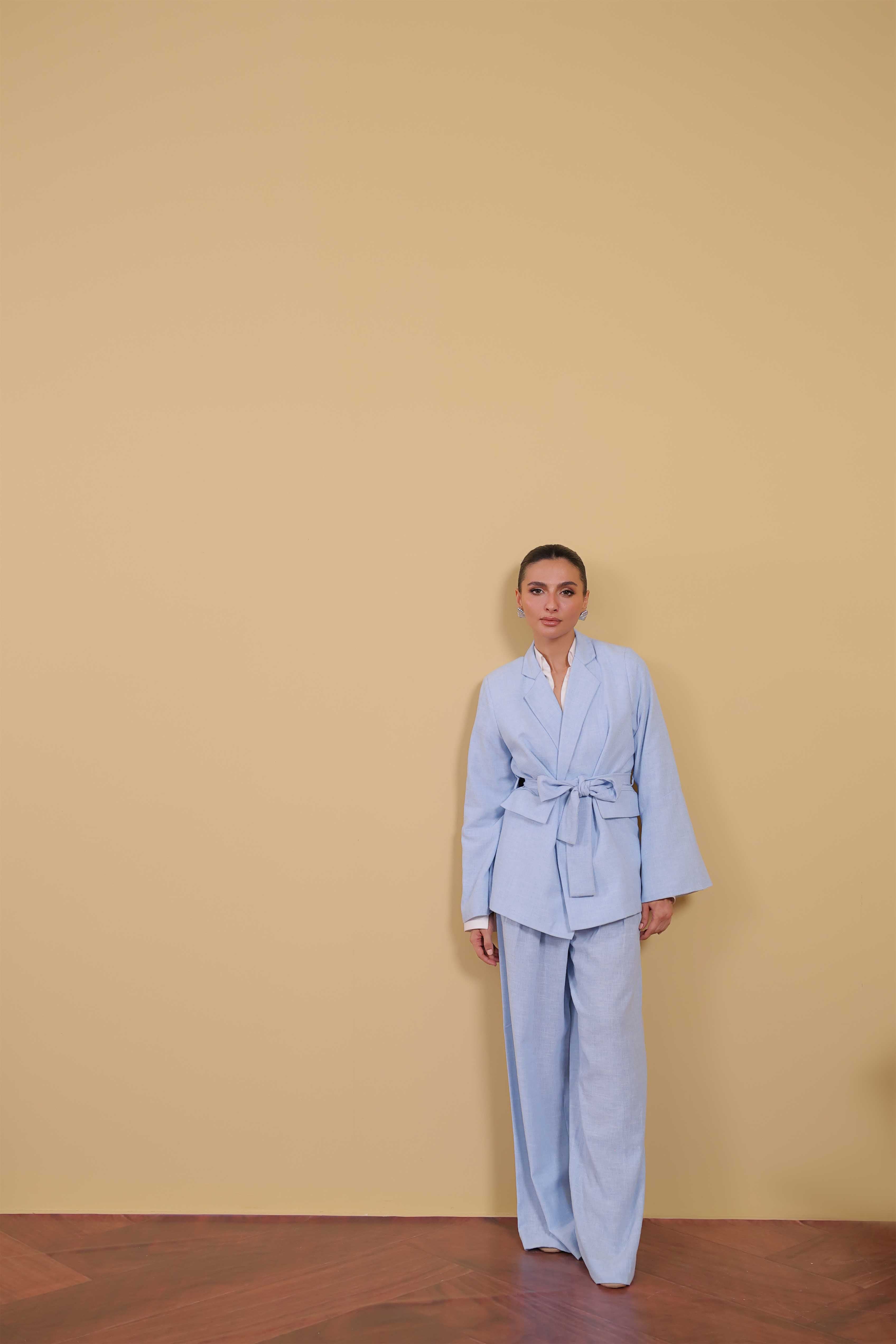 blended linen Pants in Powder blue