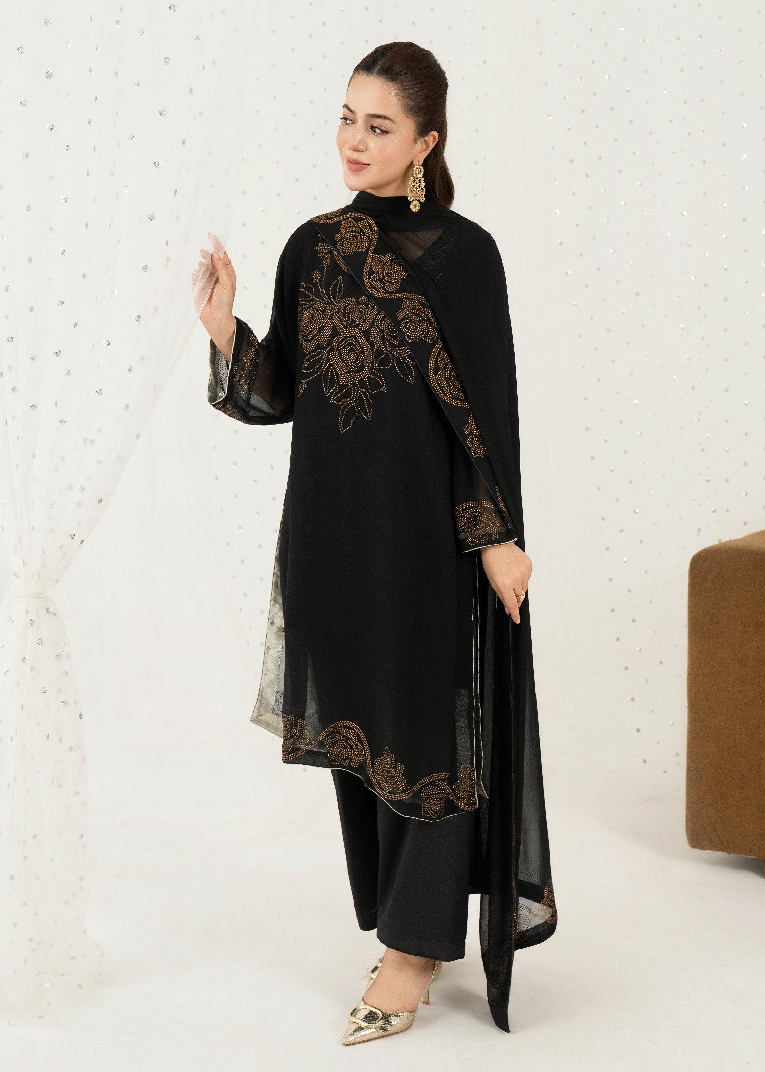 chiffon Kurta Set in Jet black