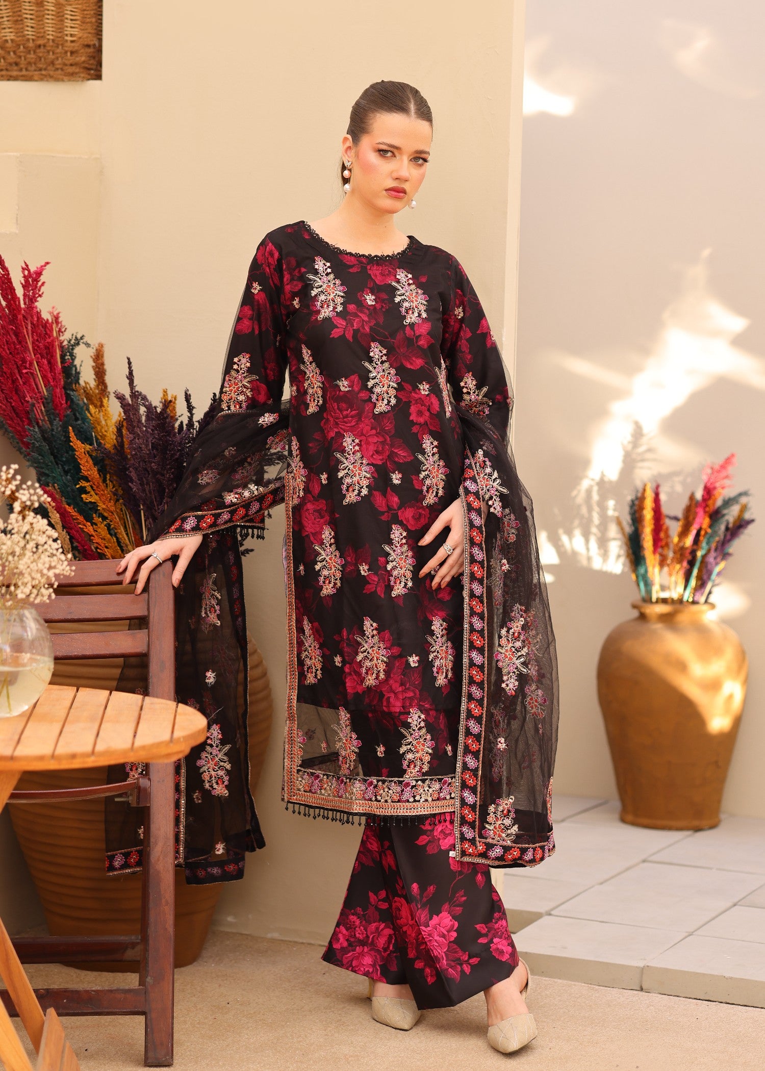 net Kurta Set in Black