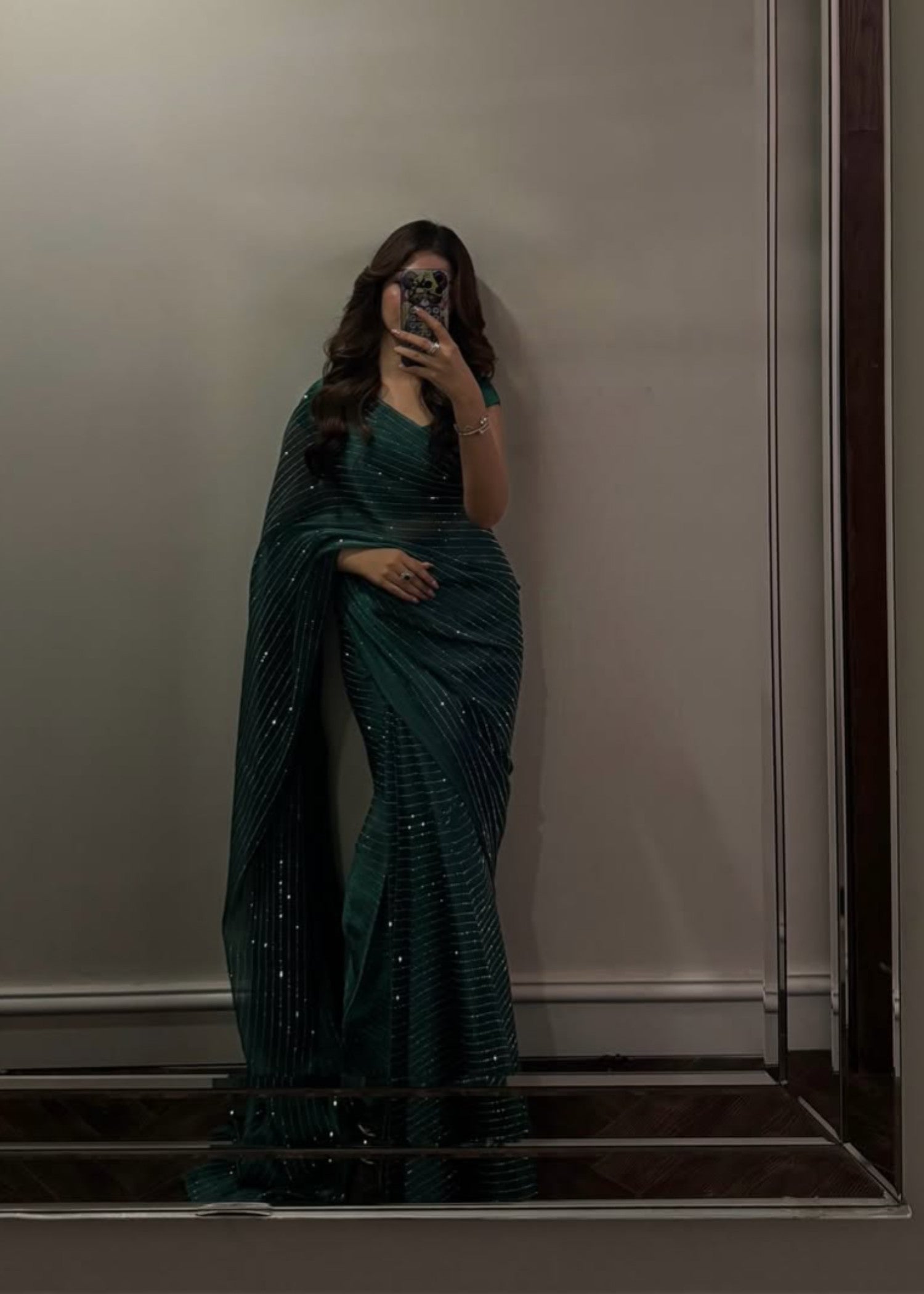 silk Saree in Bottle green
