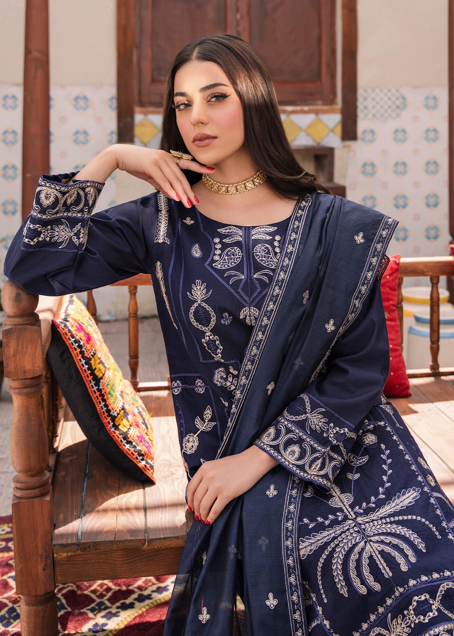 khaddi-silk Kurta Set in Blue