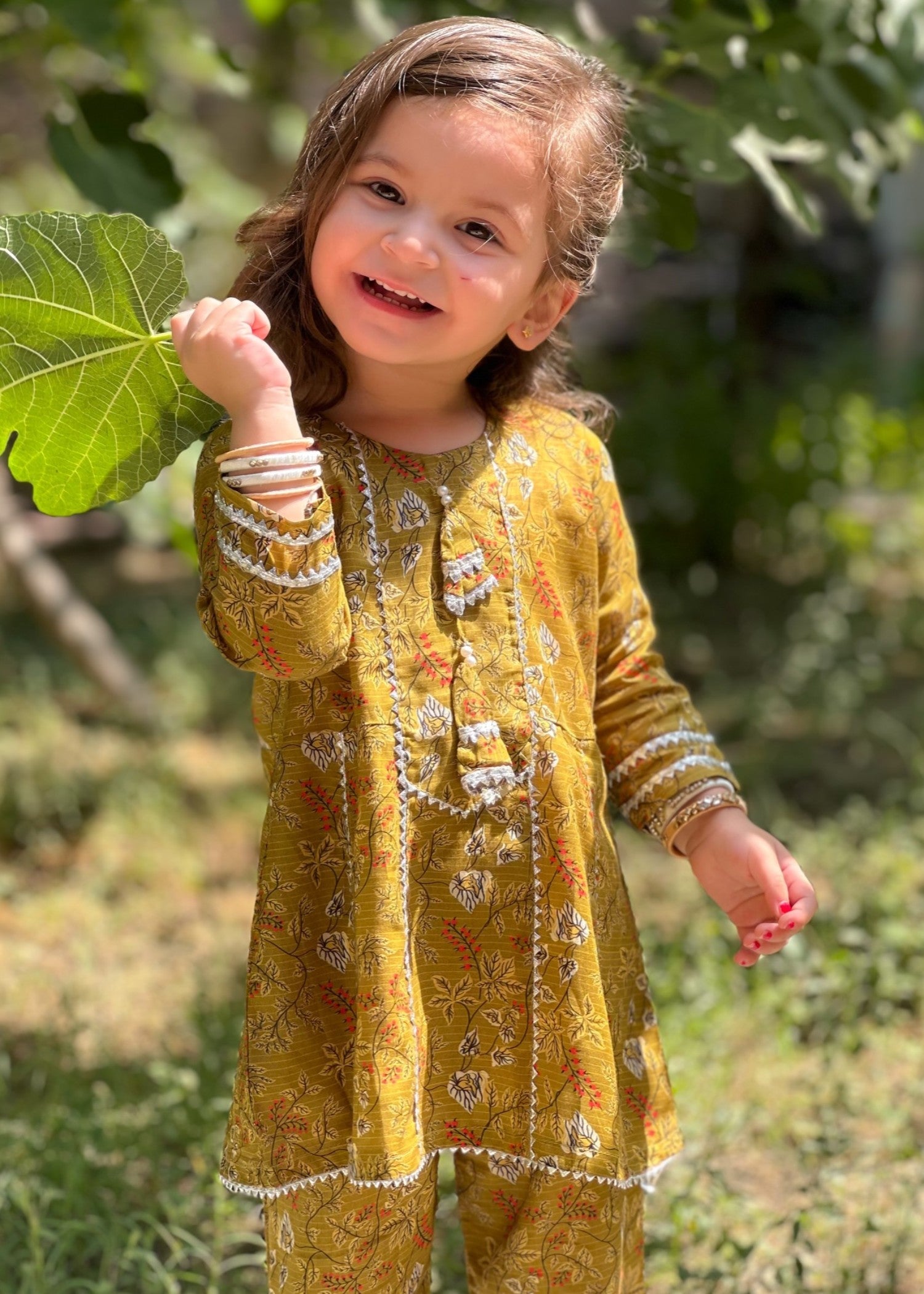 lawn Short Frock in Olive green