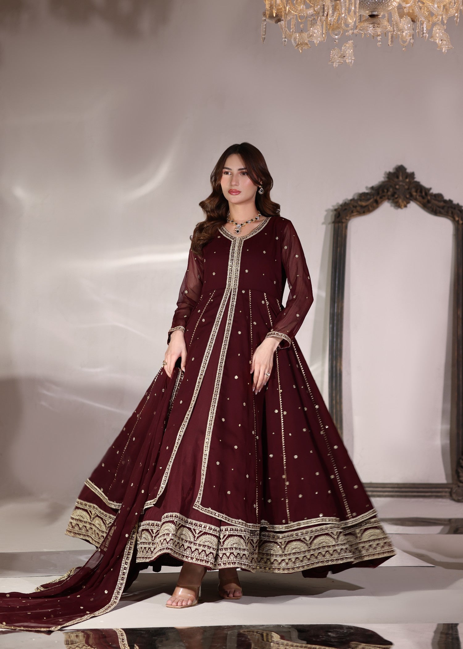 chiffon Pishwas in Maroon