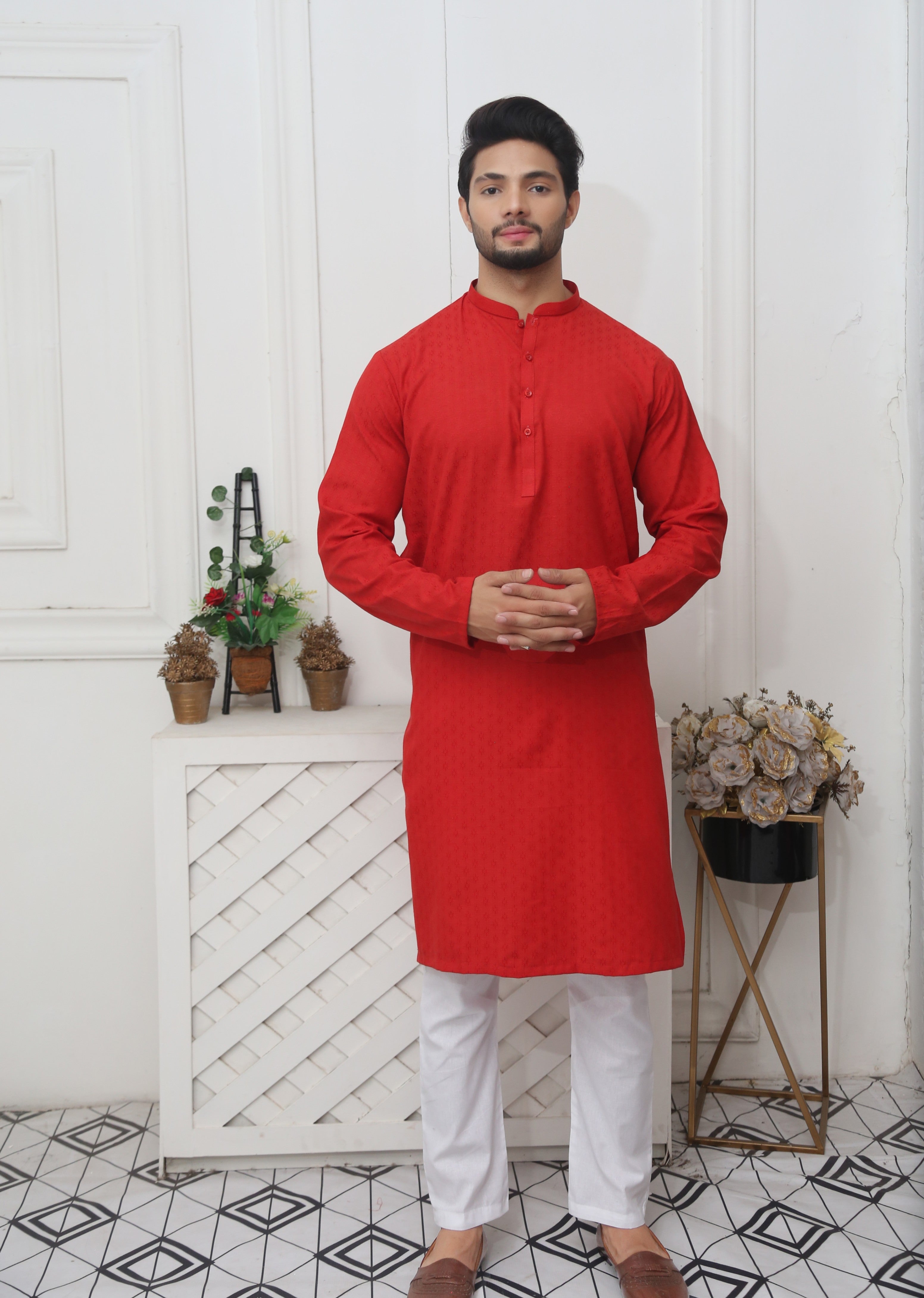 cotton jamawar Kurta in Red