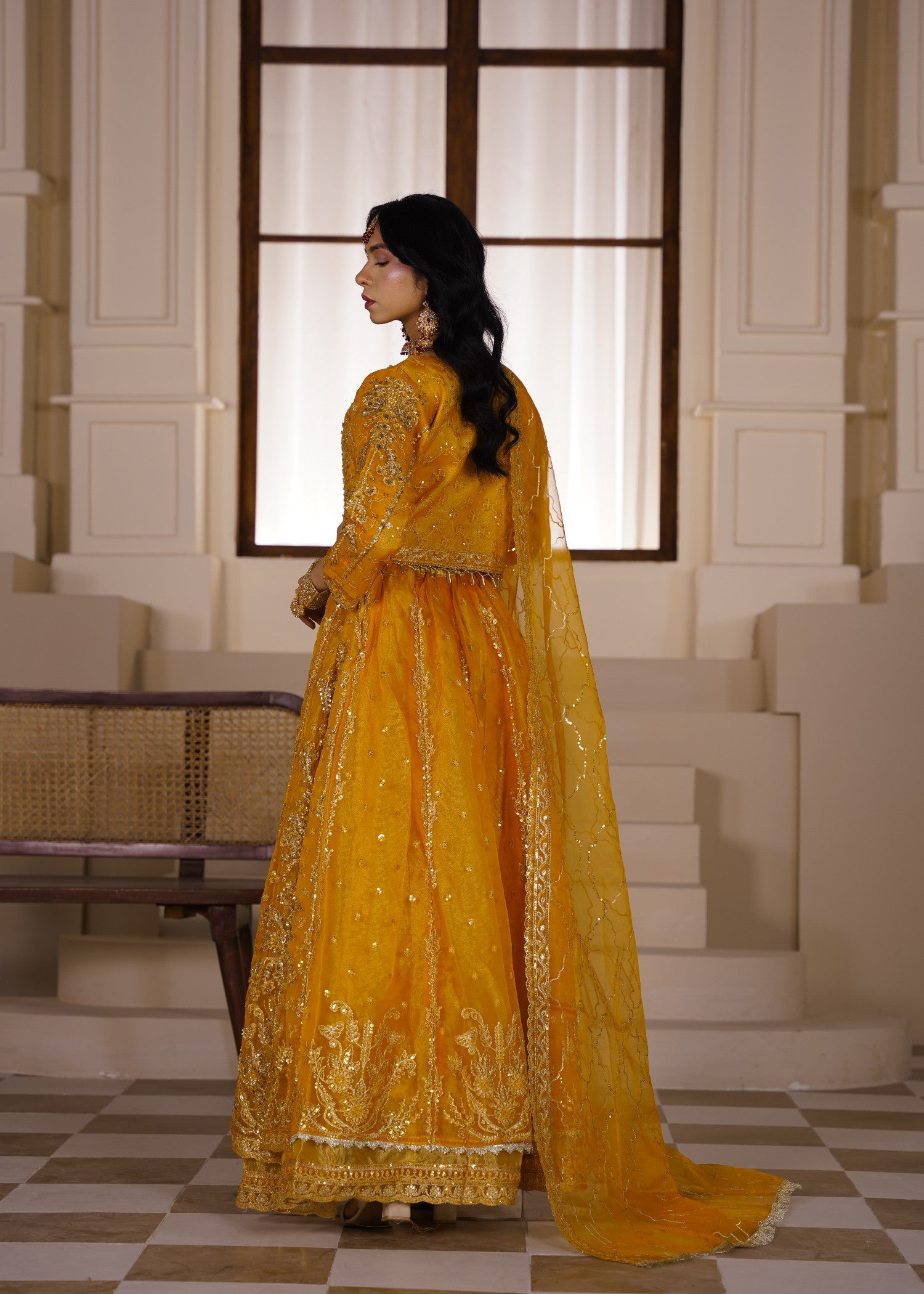 organza Lehenga in Marigold