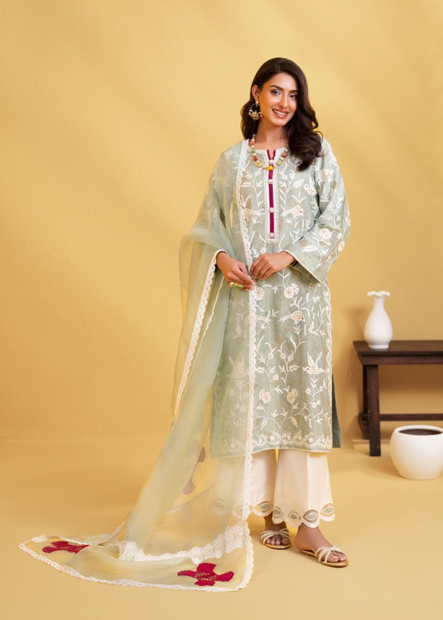 jacquard Kurta Set in Sage green