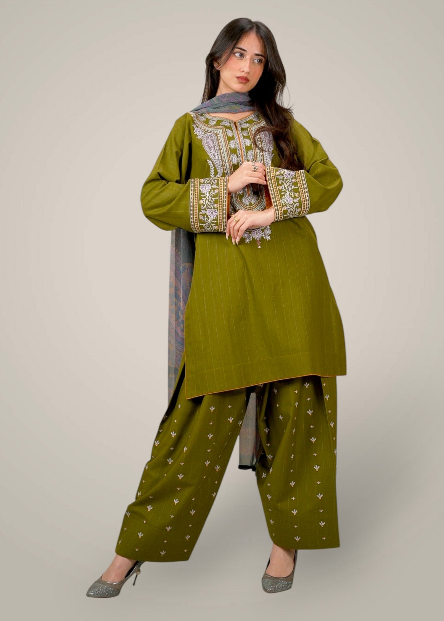 khaddar Kurta Set in Olive green