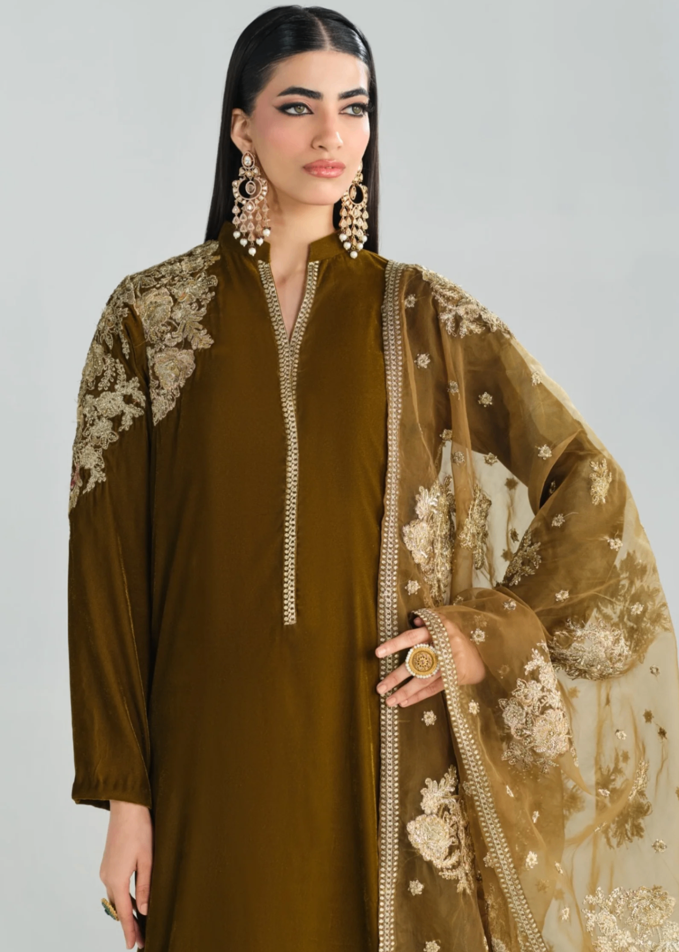 velvet Kurta Set in Olive green