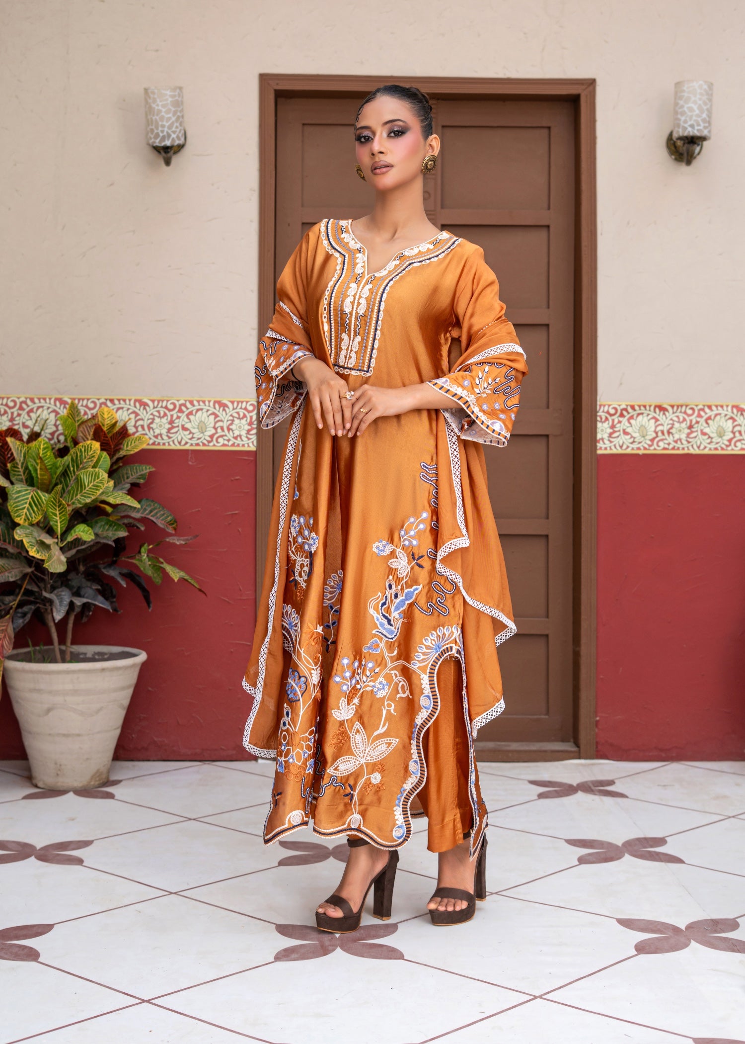 raw silk Kaftan in Mustard, yellow-orange