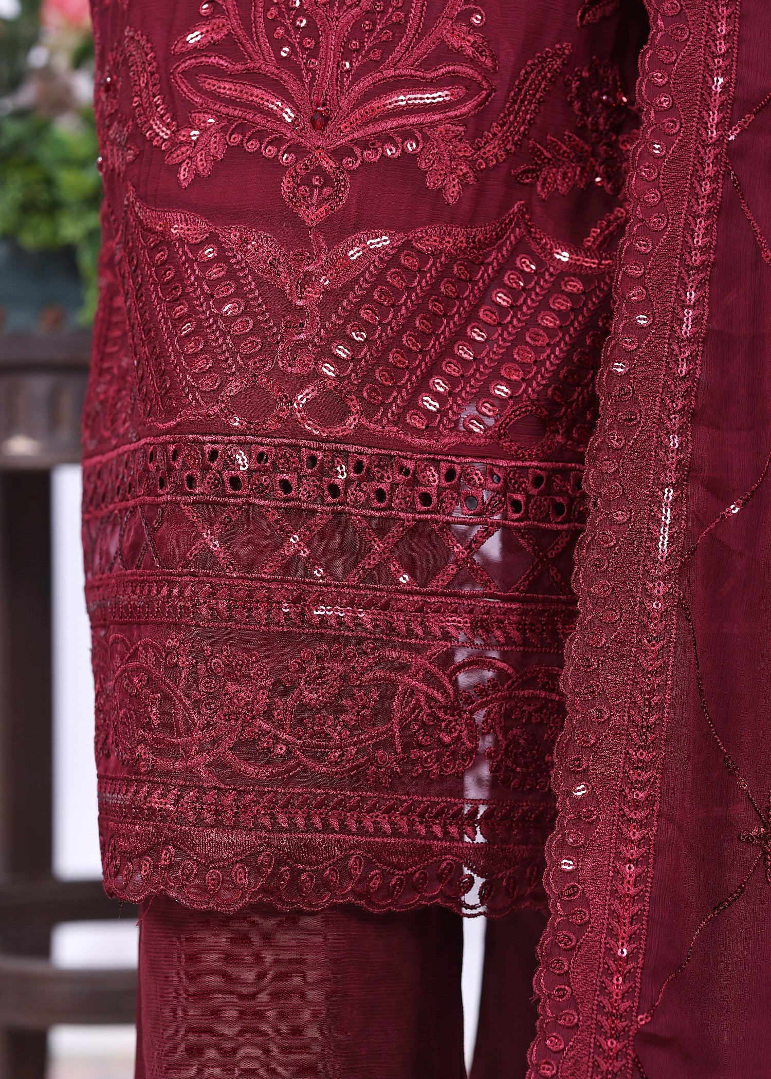 polyester chiffon Kurta Set in Sangria