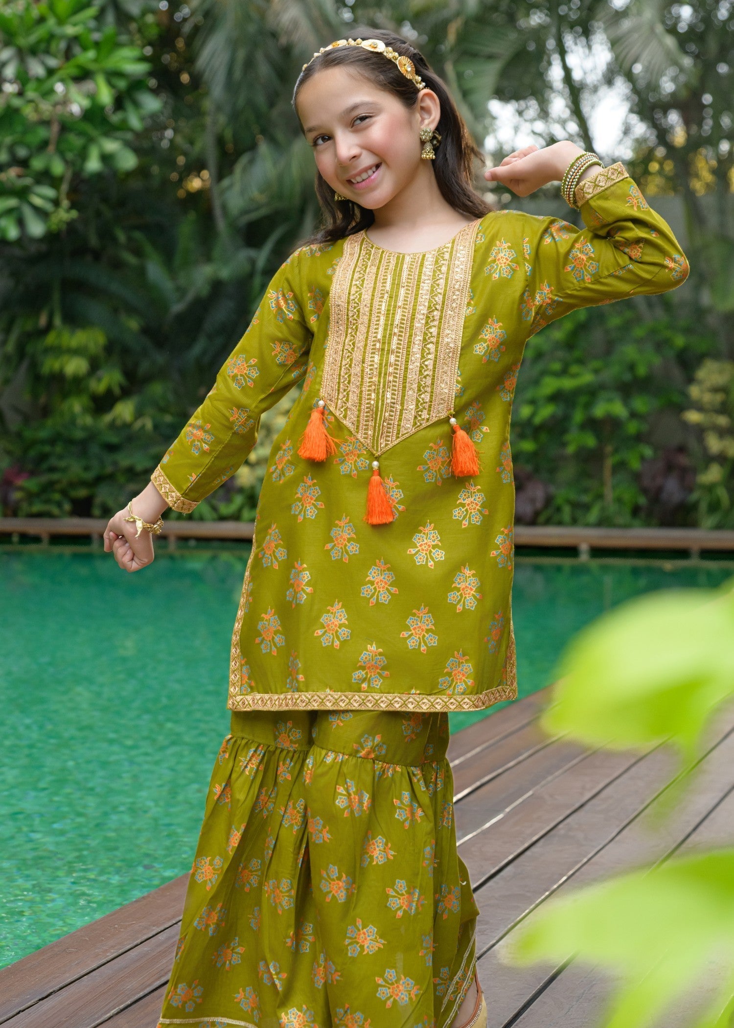 lawn Gharara in Olive green