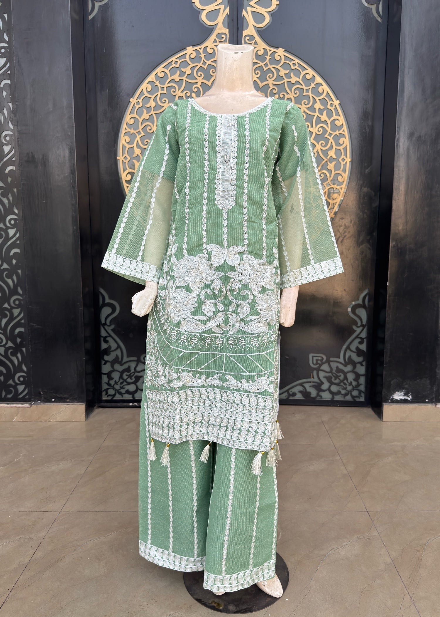 khaddi net Kurta Set in Mint green