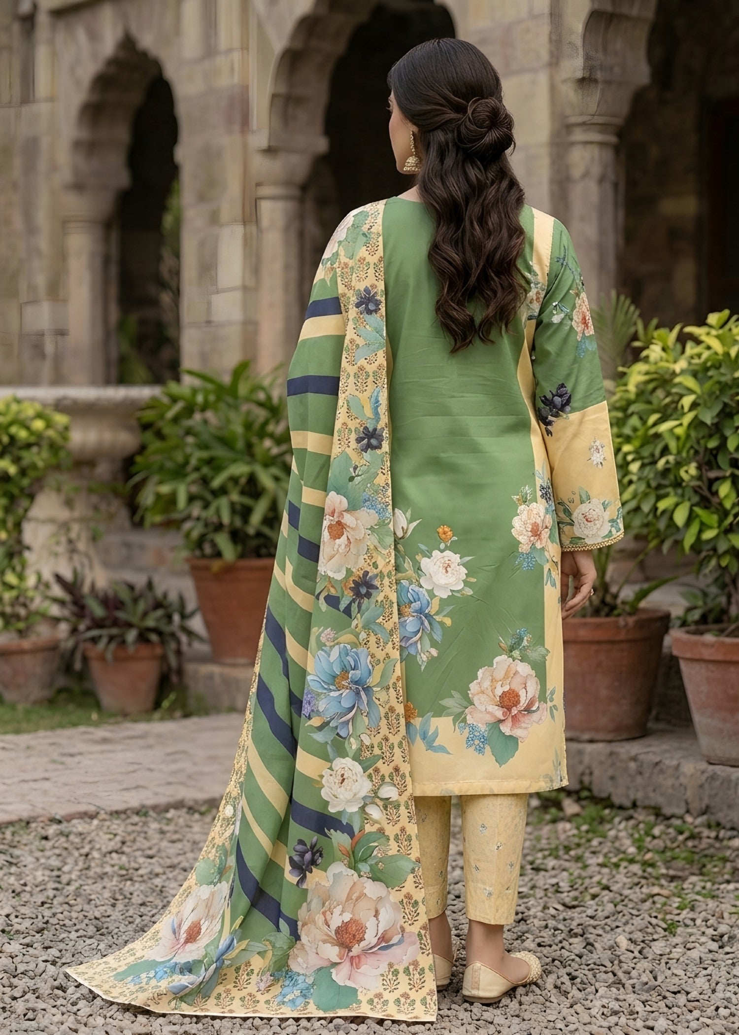 slub linen Unstitched in Pastel green, light yellow