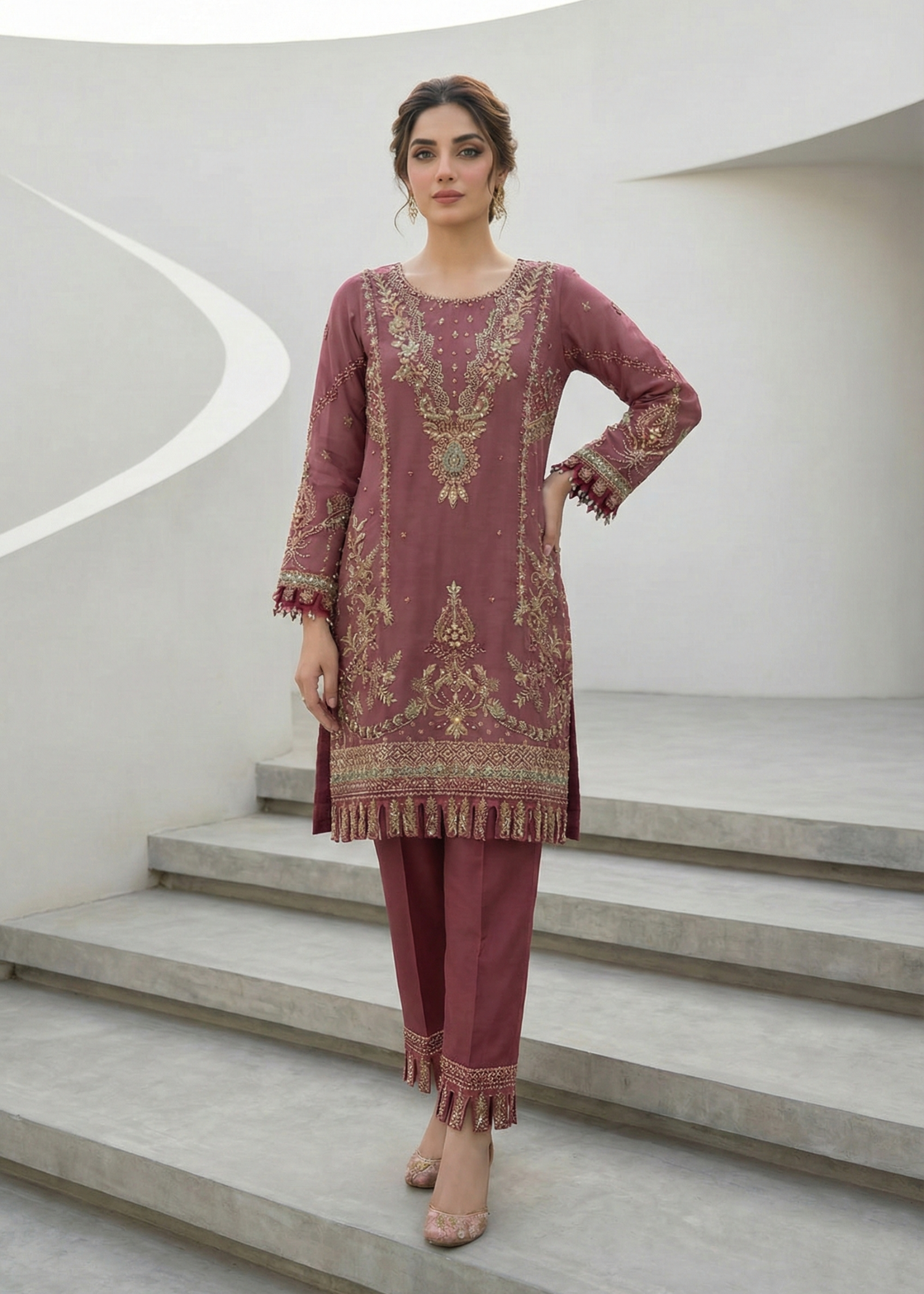 organza Kurta Set in Mauve pink