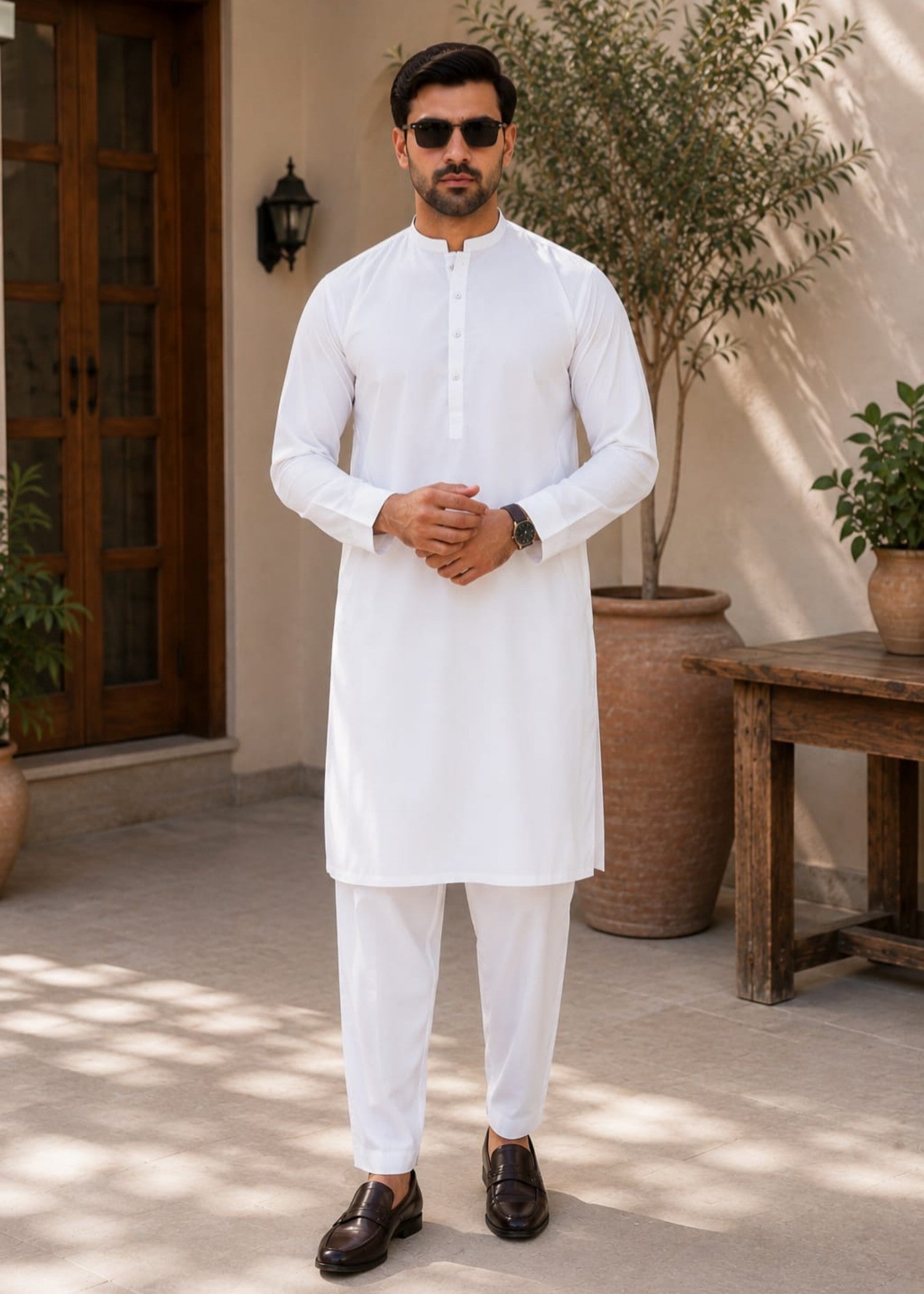 wash & wear Kurta Set in White by Hassan Jee Men