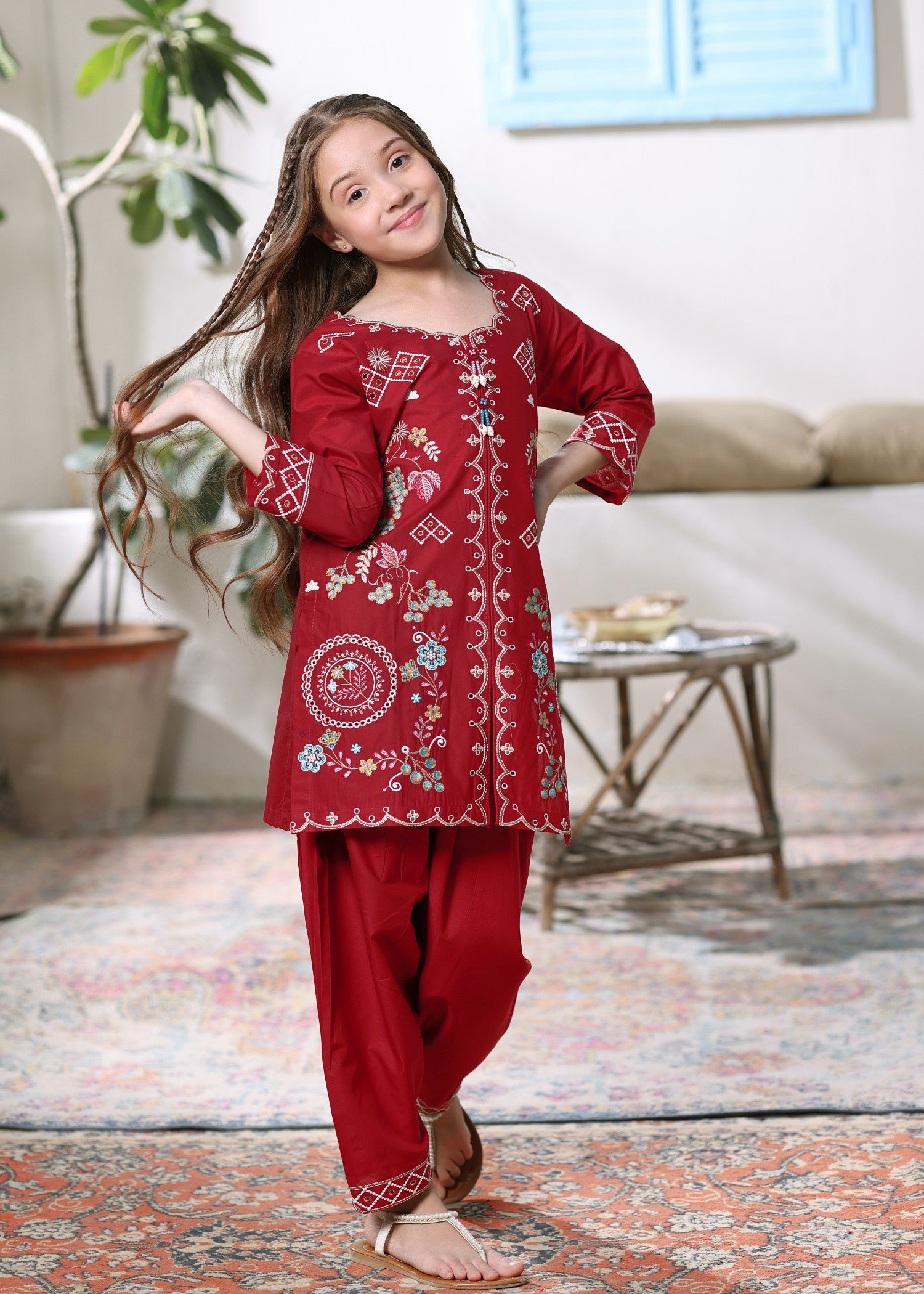 cotton Kurta Set in Red