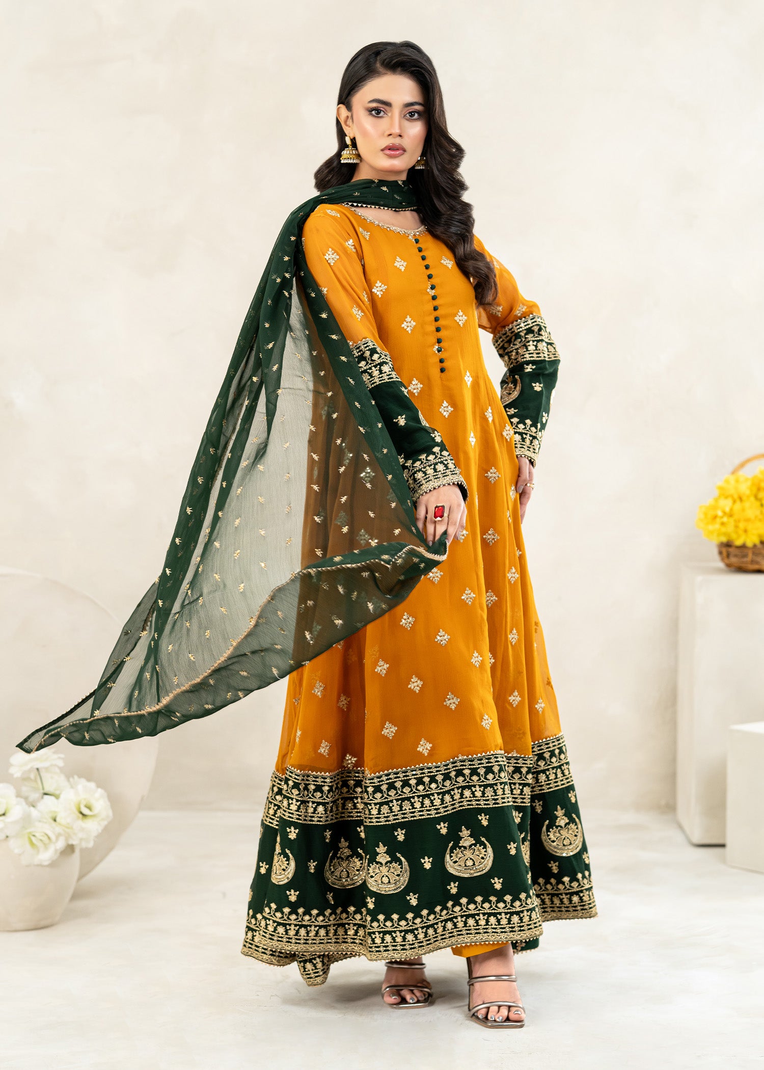 chiffon Anarkali in Mustard