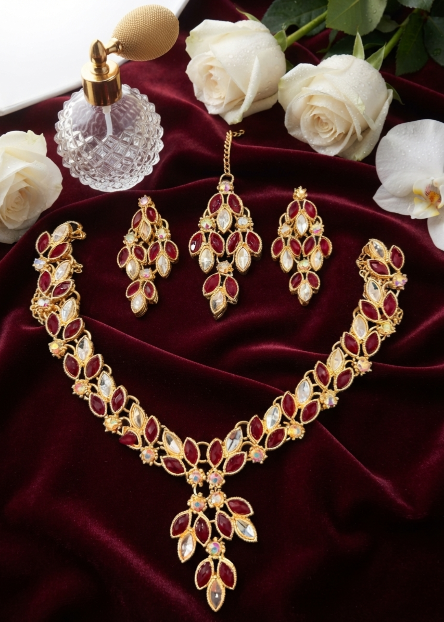 Jewelry Set in Pearl white, maroon Color by - Trendy Women Jewelry Set TJJ5185
