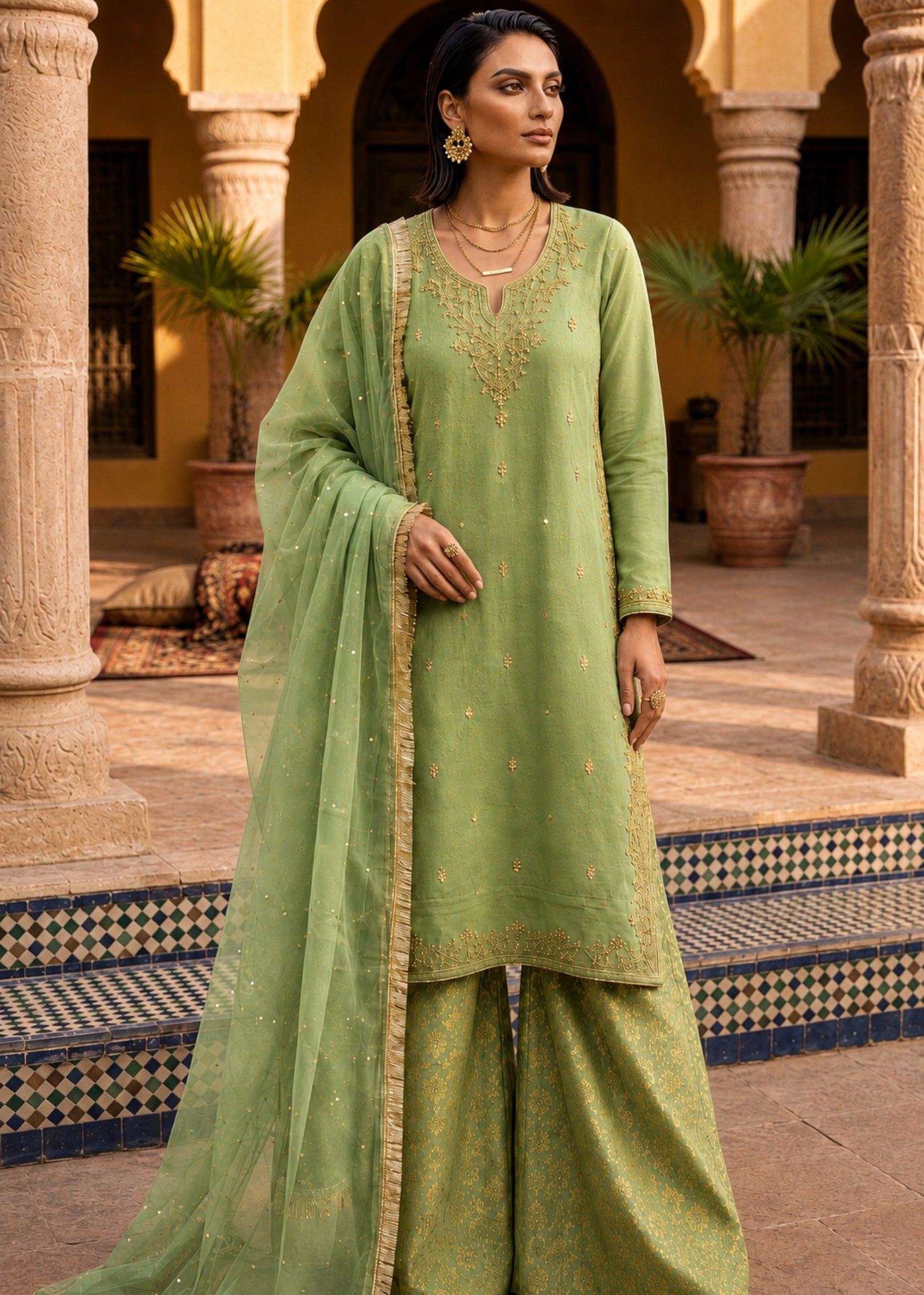 tissue Kurta Set in Pistachio green