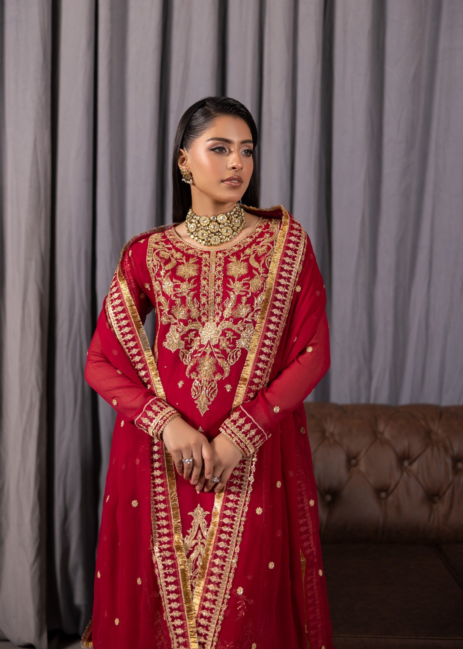 bemberg crinkle chiffon Kurta Set in Hot pink red