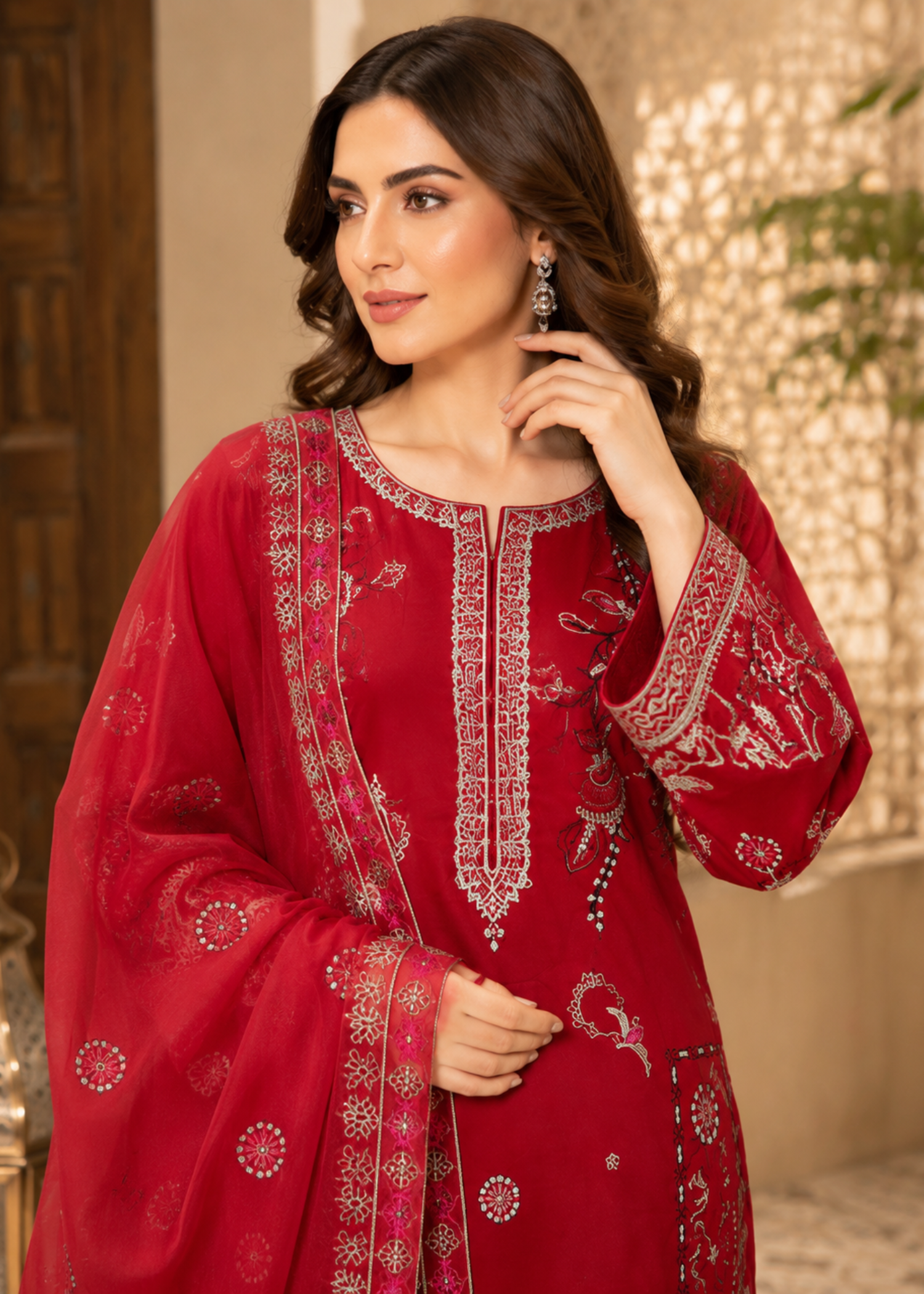 lawn cotton Kaftan in Crimson