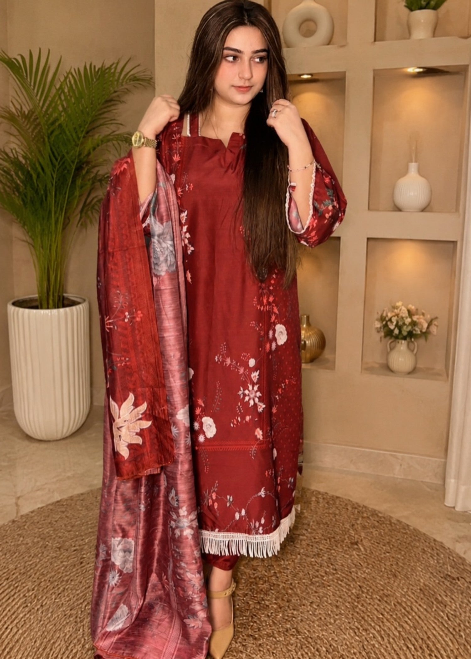 poly lawn Co Ord Sets in Blood red, multi