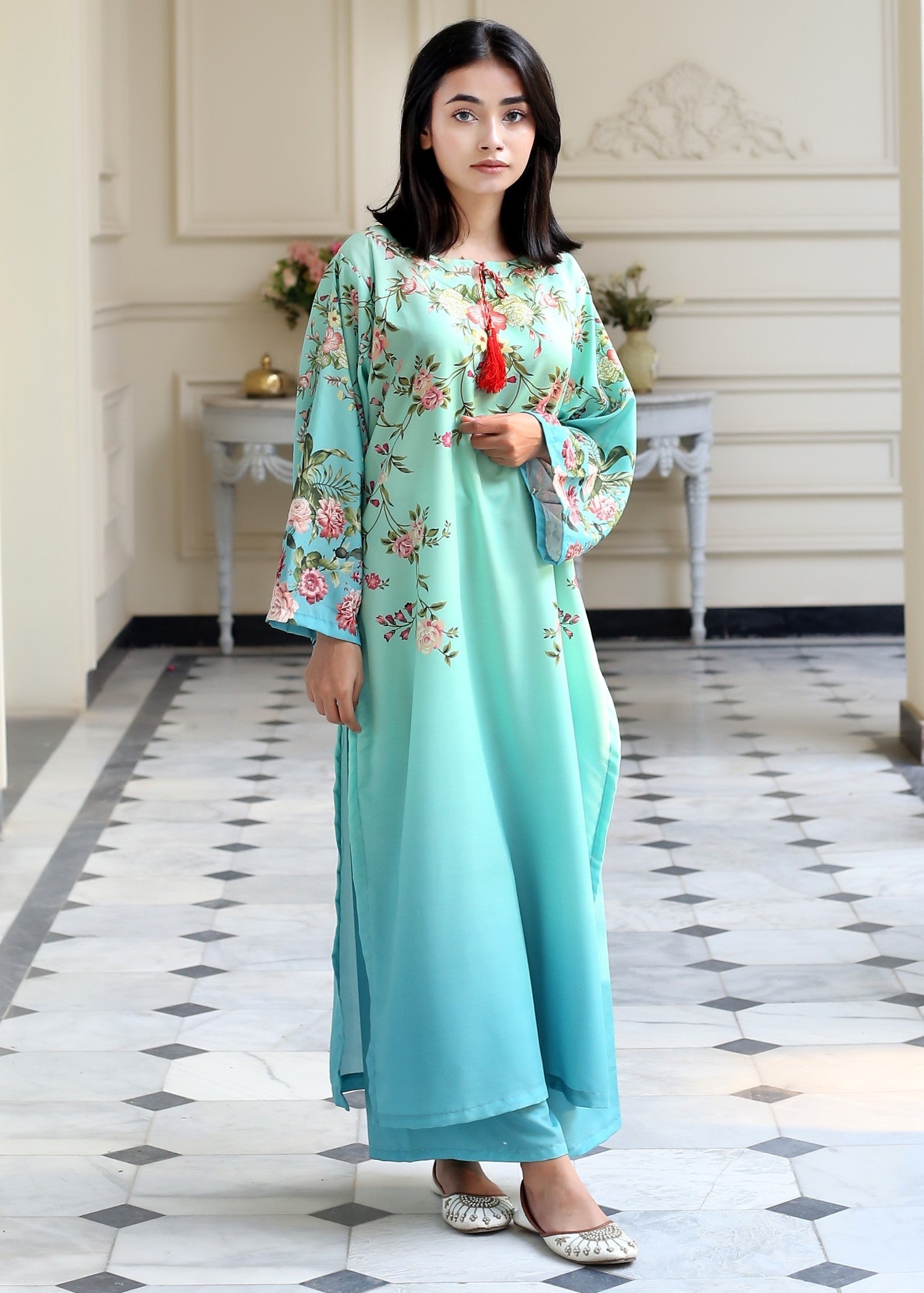poly lawn Kurta Set in Aquamarine