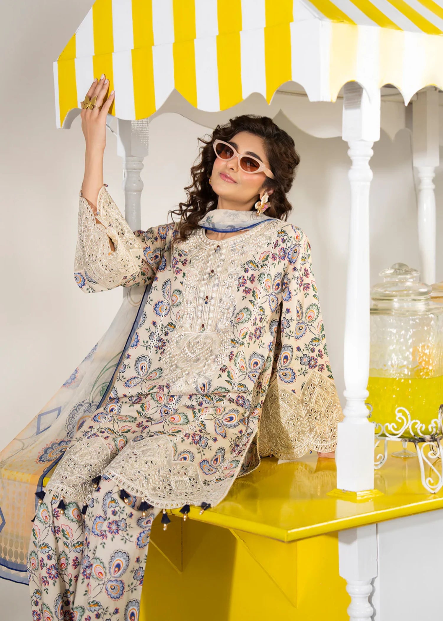lawn cotton Kurta Set in Beige, multi