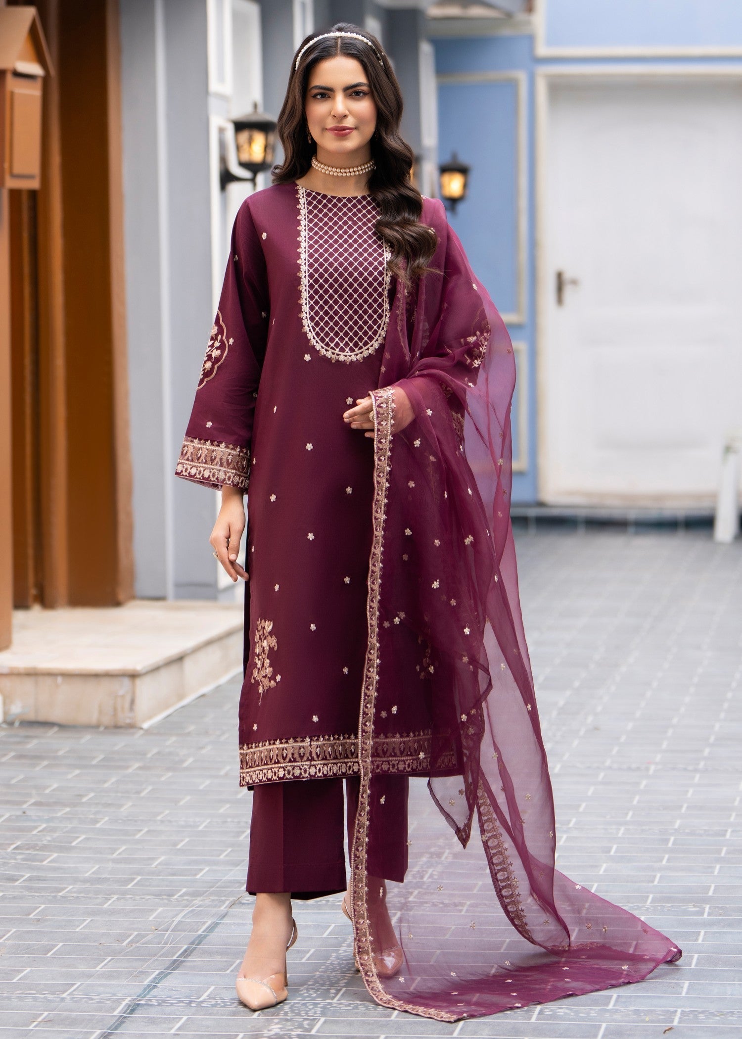 lawn cotton Kurta Set in Burgundy
