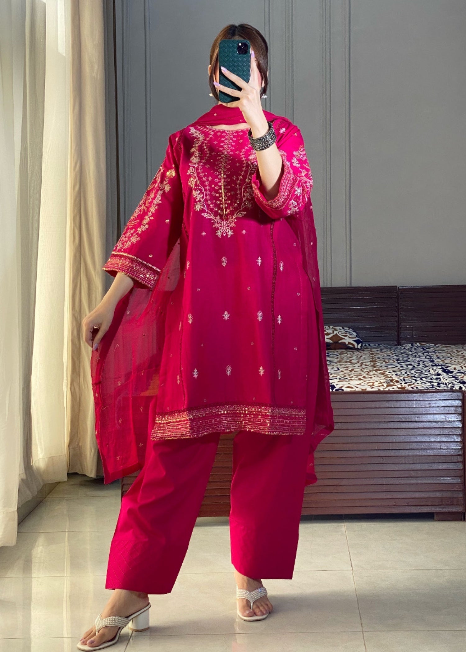 cotton Kurta Set in Hot pink red
