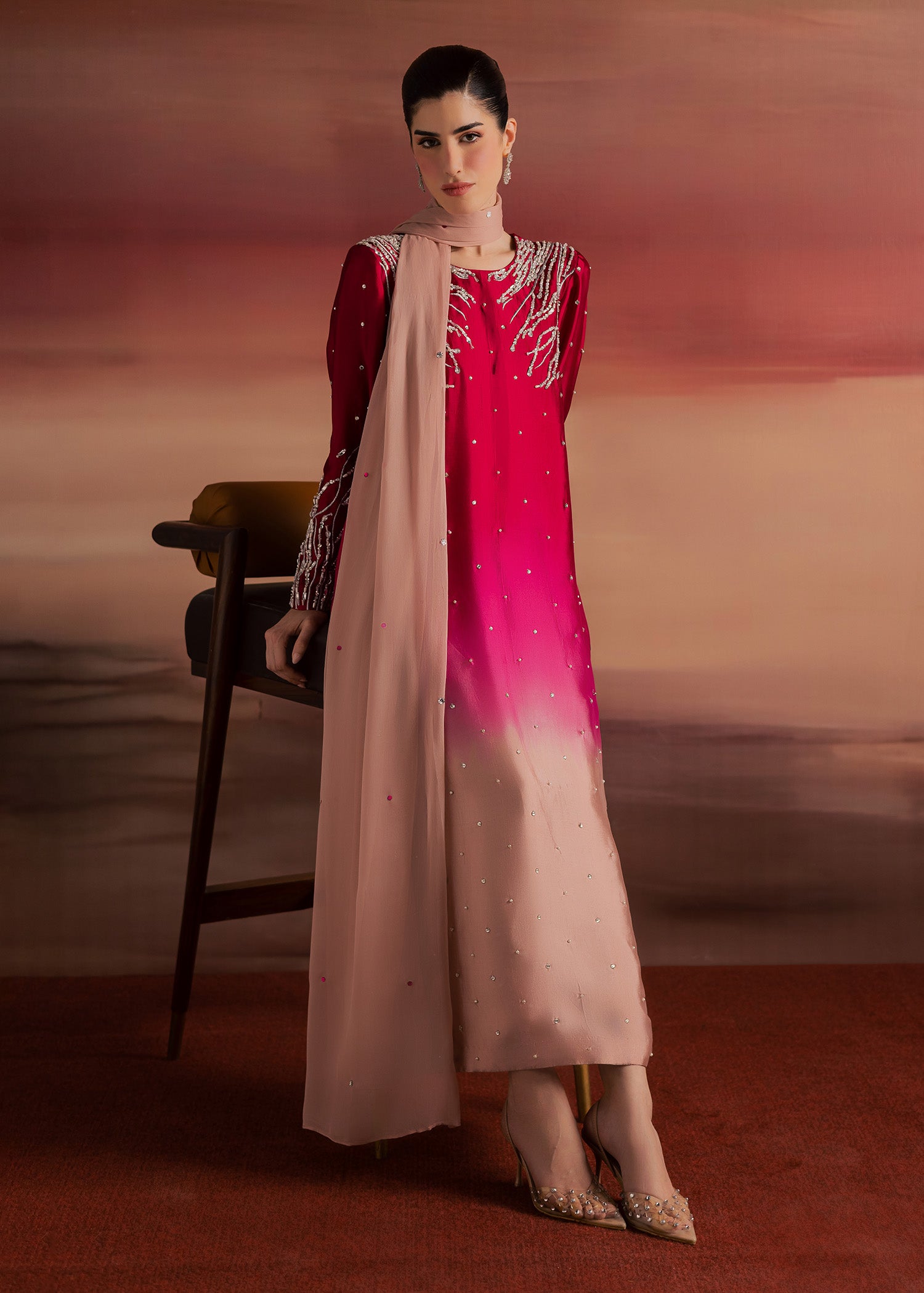 tussar silk Kaftan in Crimson