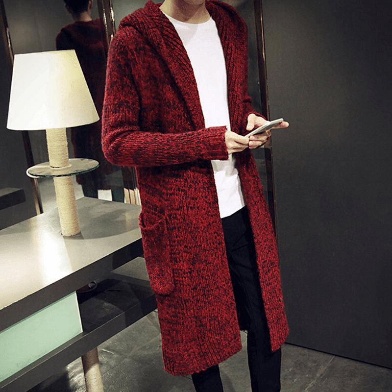 Men'S Hooded Mohair Loose Long Sweater Cardigan Fashion Pocket Knit Sweater Jacket
