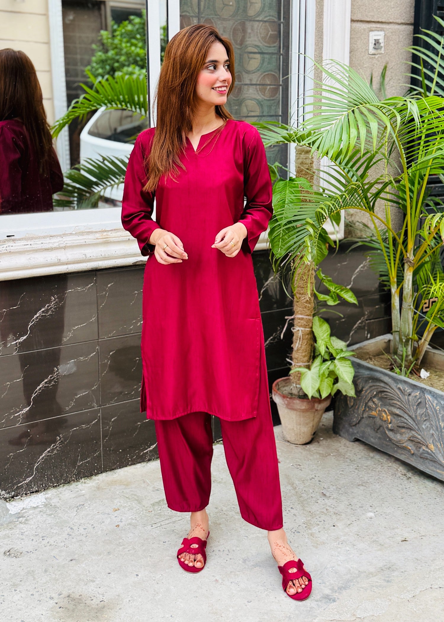 viscose raw silk Co Ord Sets in Maroon