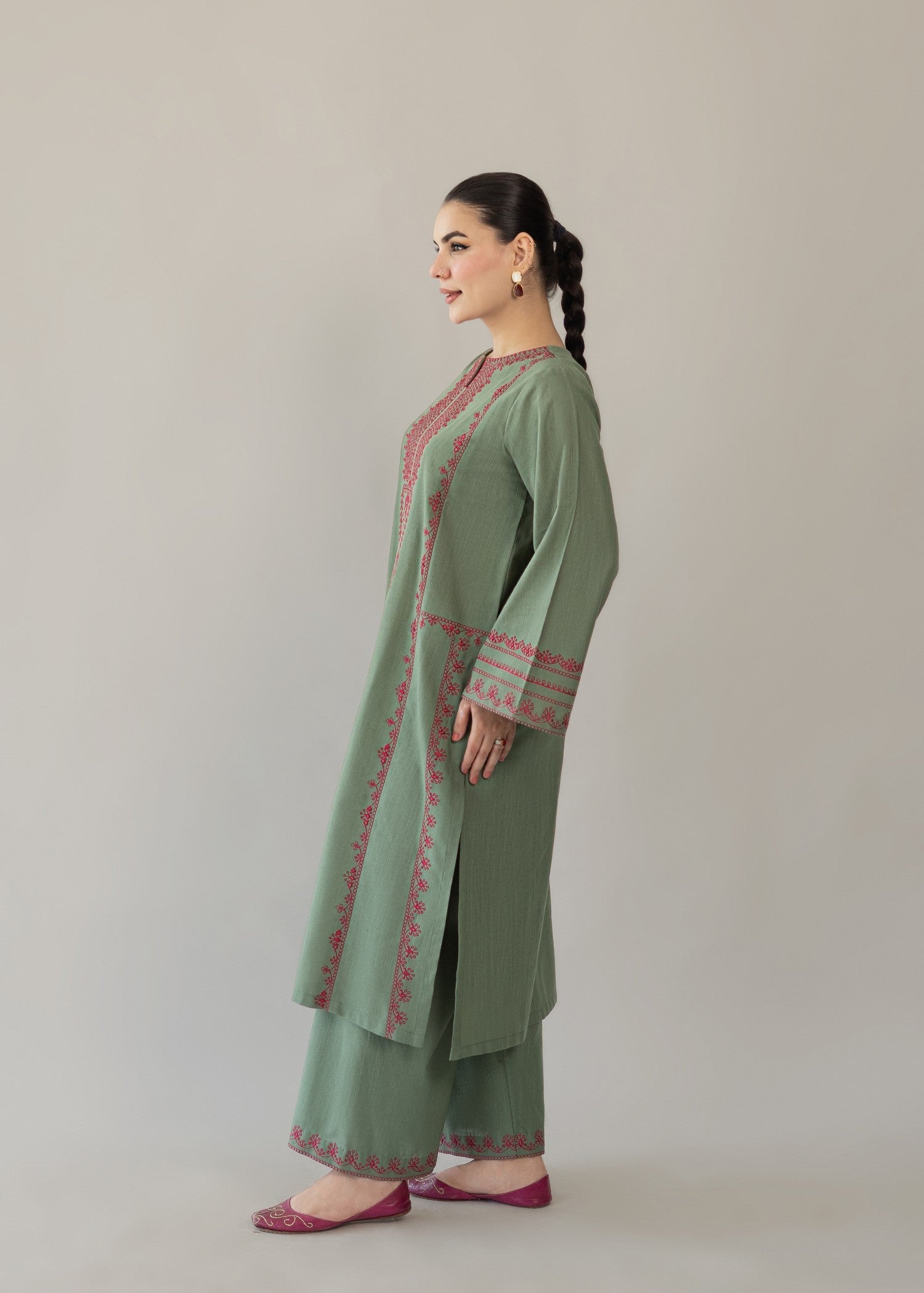 slub khaddar Kurta Set in Shocking pink, moss green